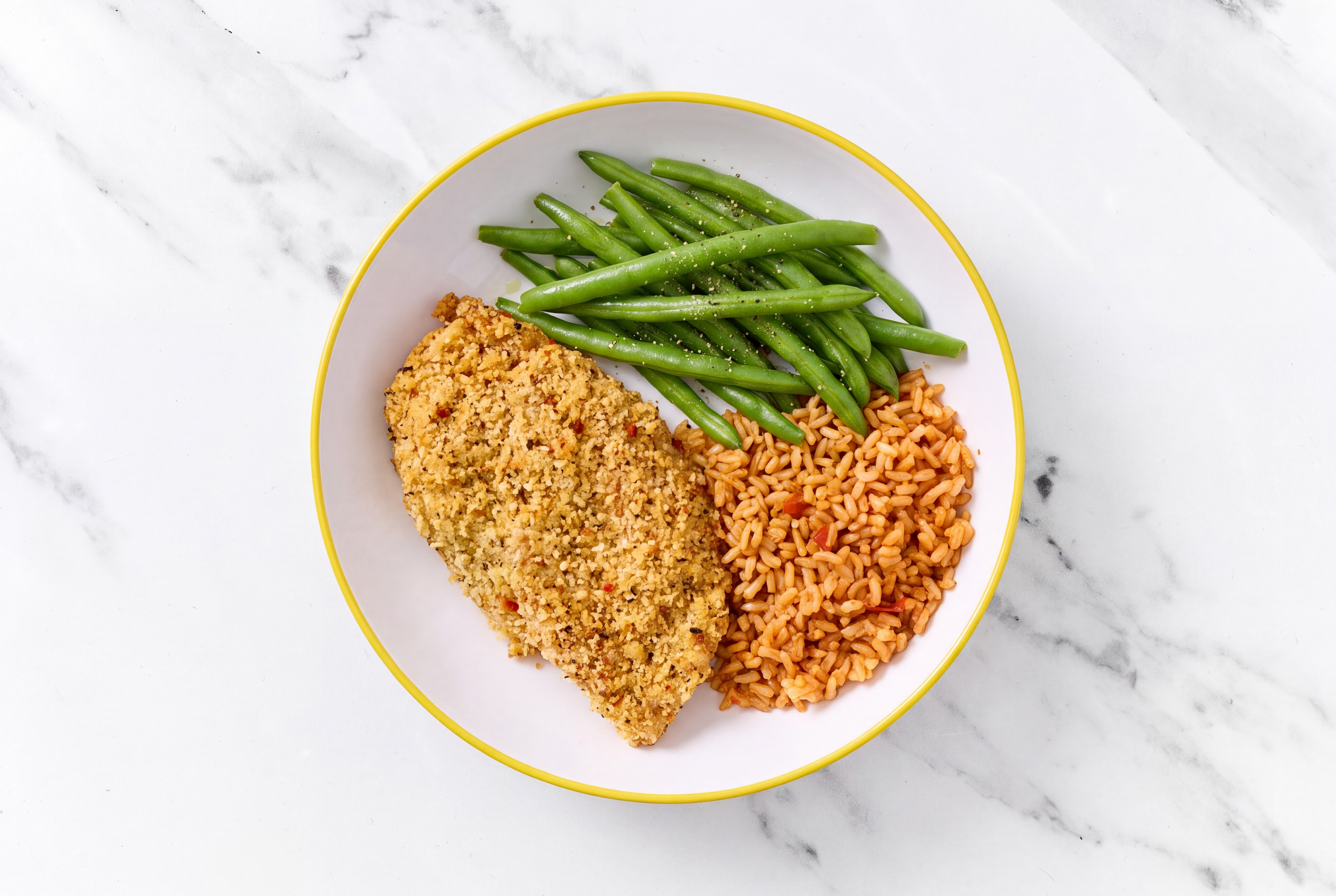 Parmesan Breaded Chicken Cutlet with Green Beans & Mexican Rice