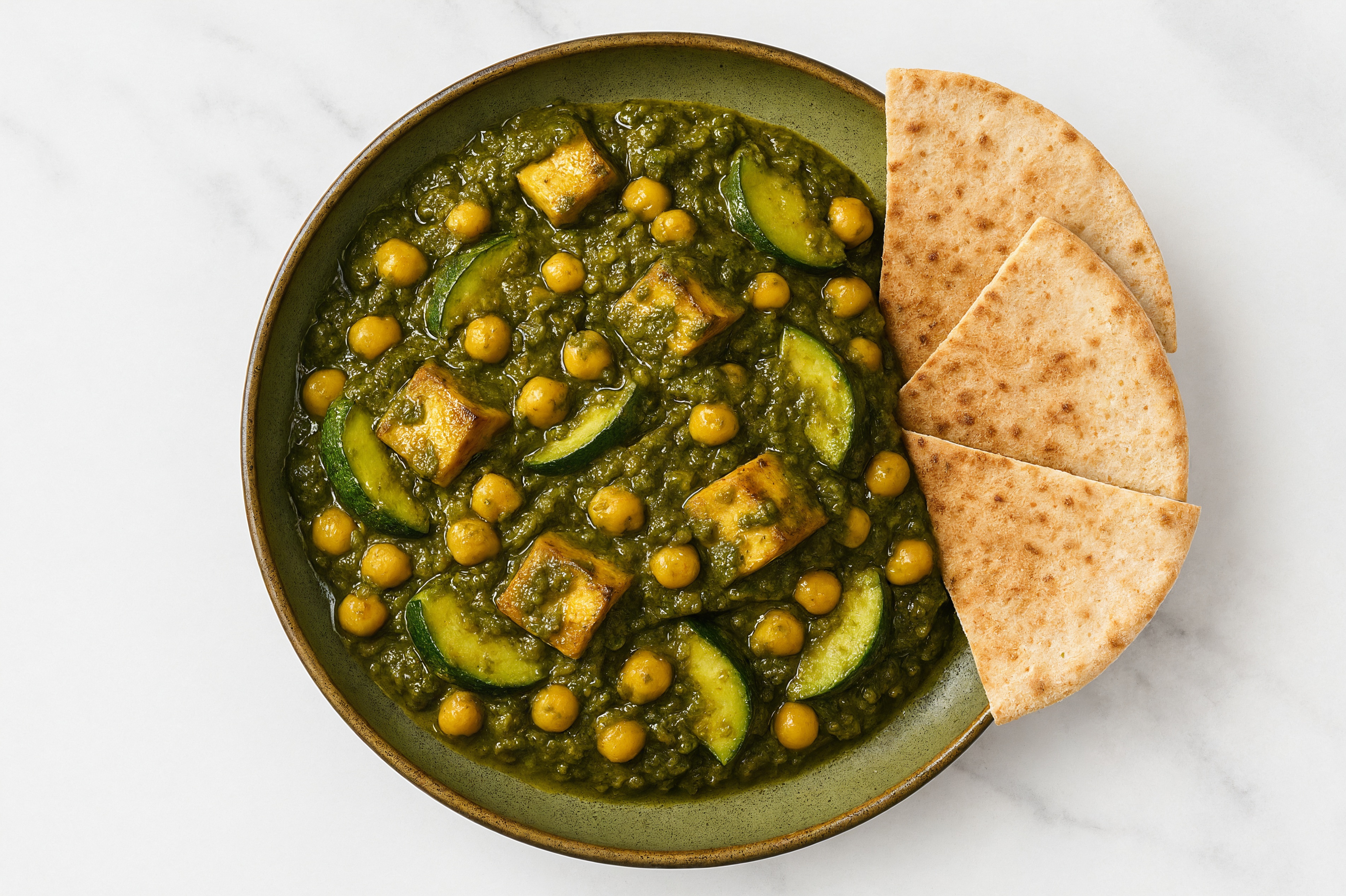 Chile Chickpea Soft & Creamy Paneer Saag + Whole Grain Pita Pockets Wedges