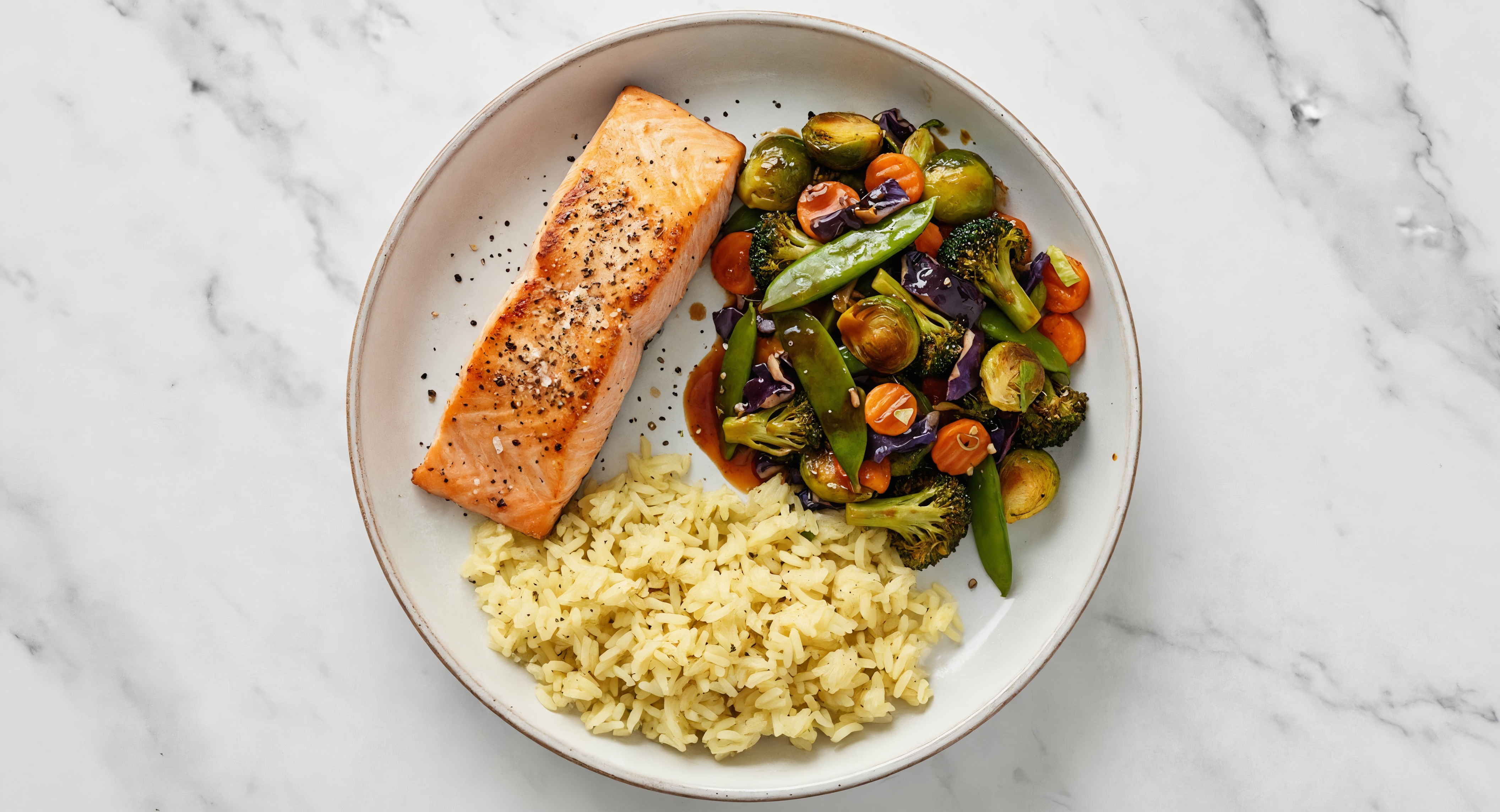 Seared Salmon with Teriyaki Veggies + Rice