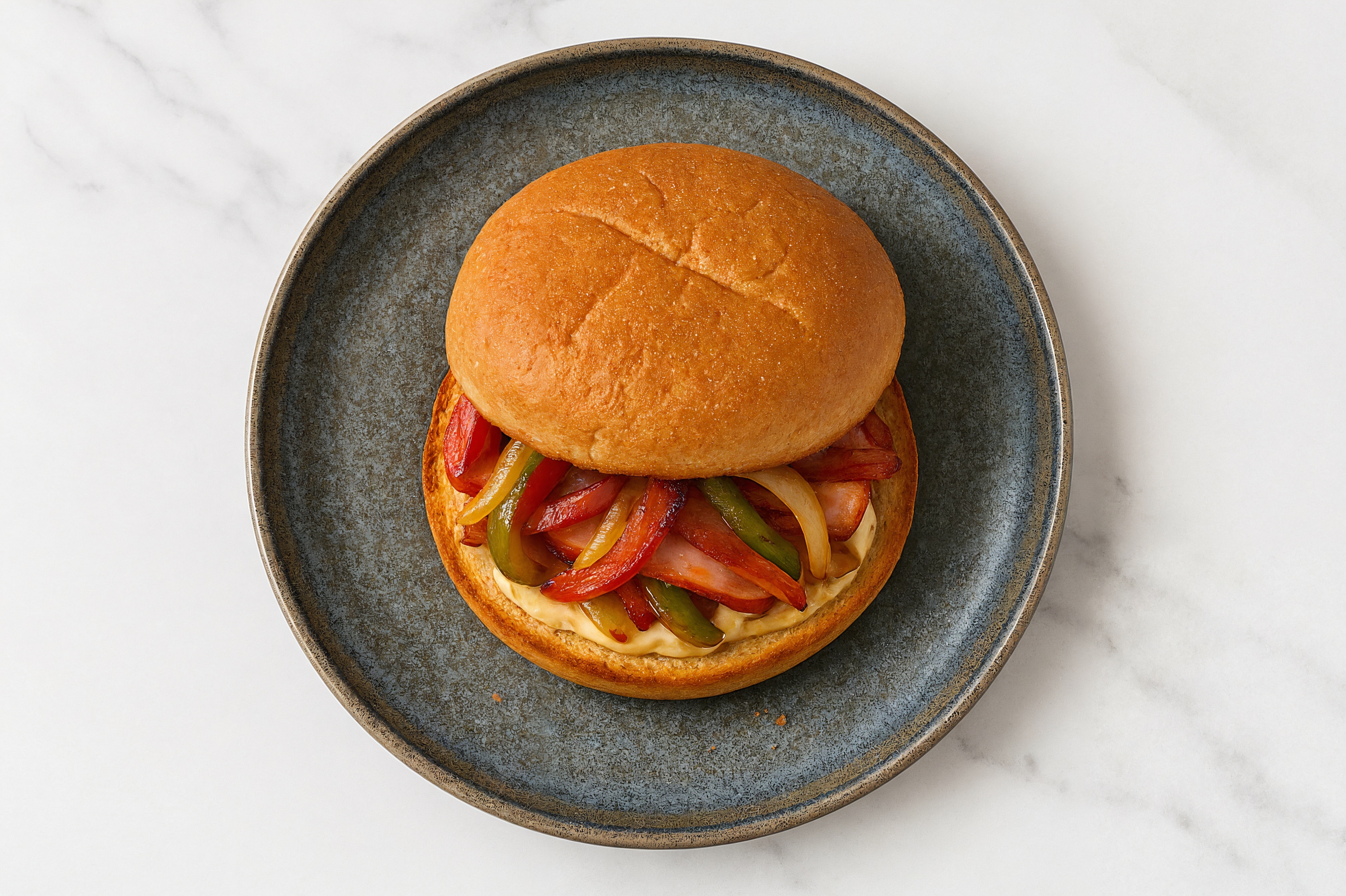 Creamy Horseradish Turkey Bacon Sandwich with Peppers + Onion on Gluten-Free Buns