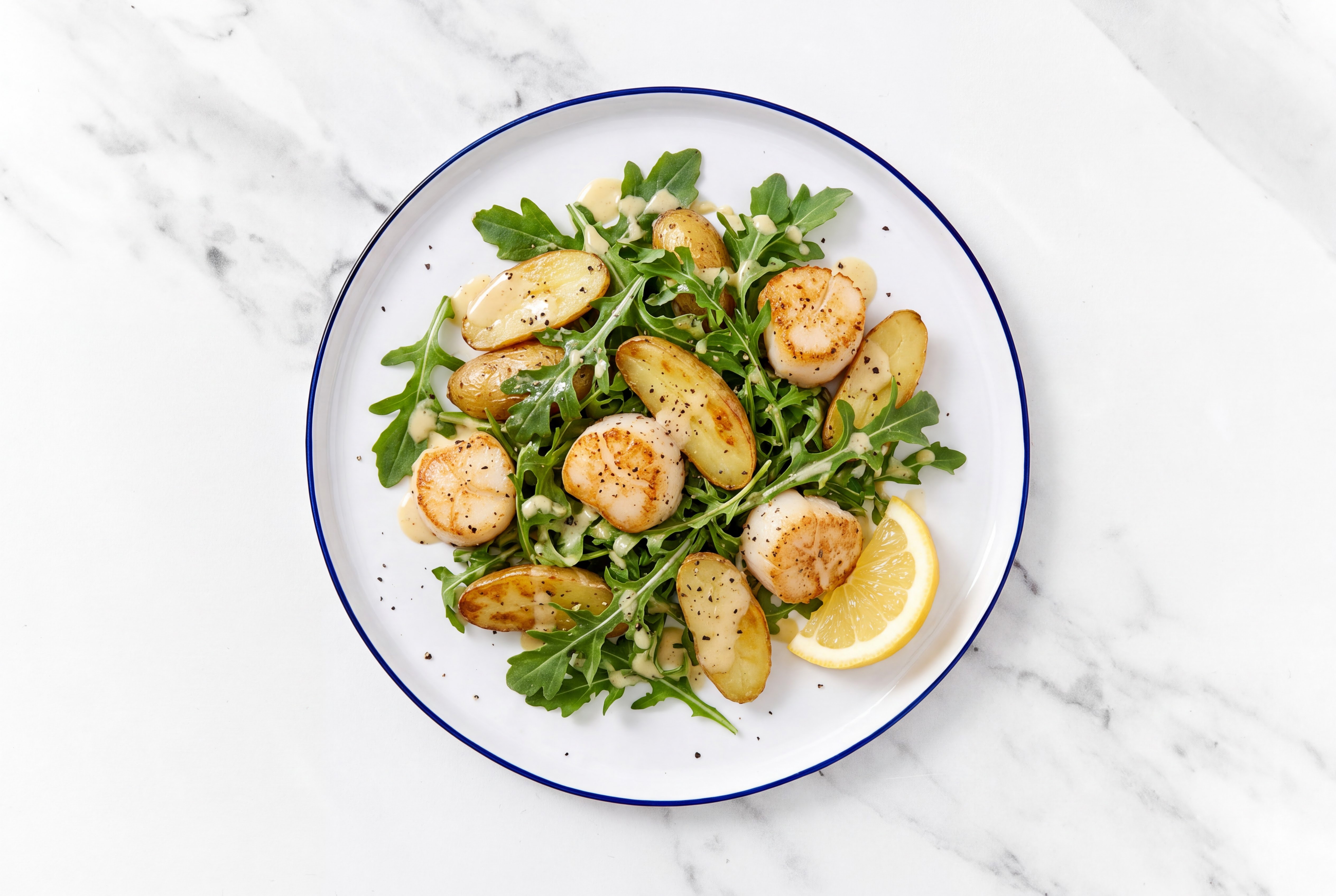 Scallop + Arugula Salad with Fingerling Potatoes