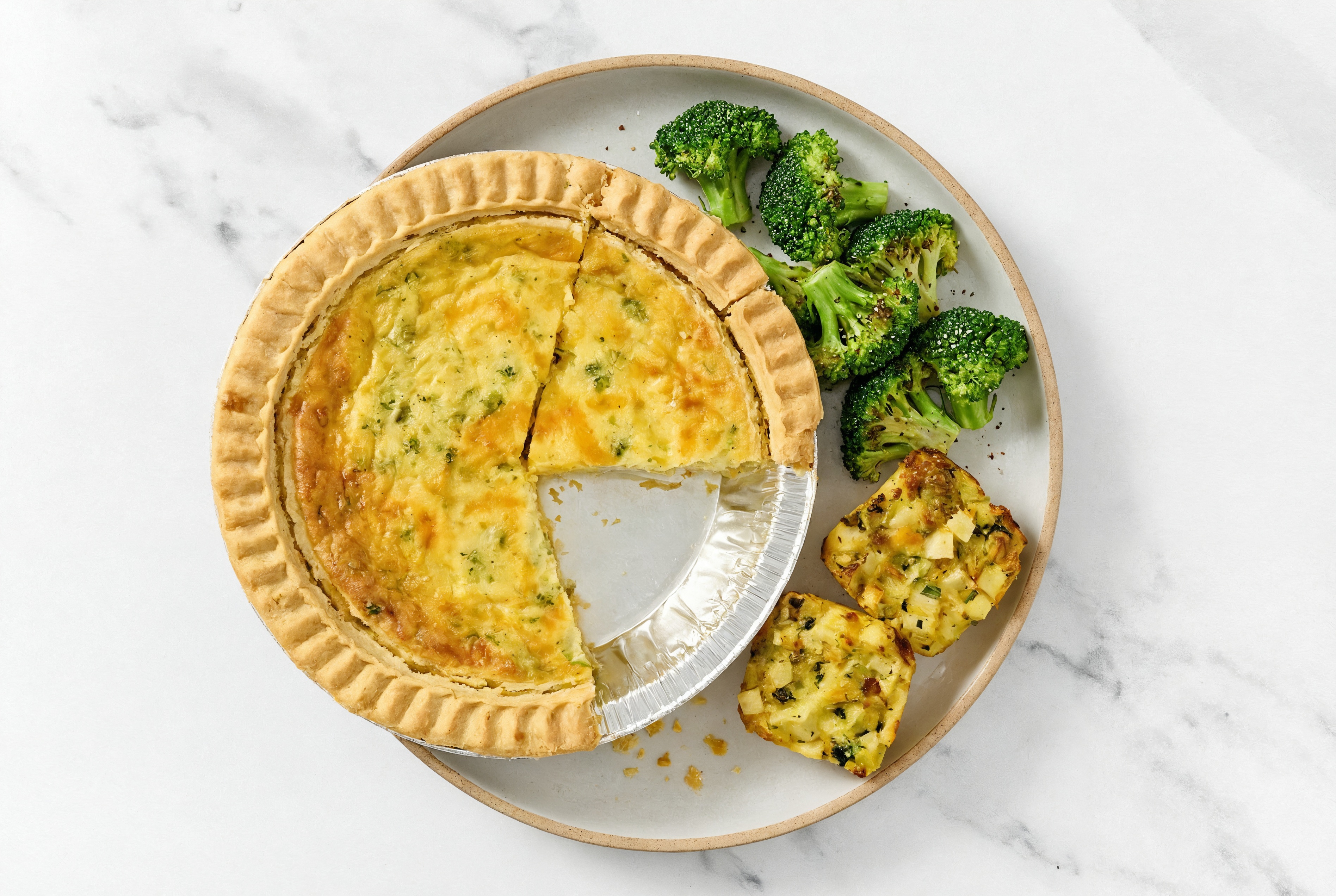 Broccoli & Cheddar Quiche with Broccoli & Potato Bake