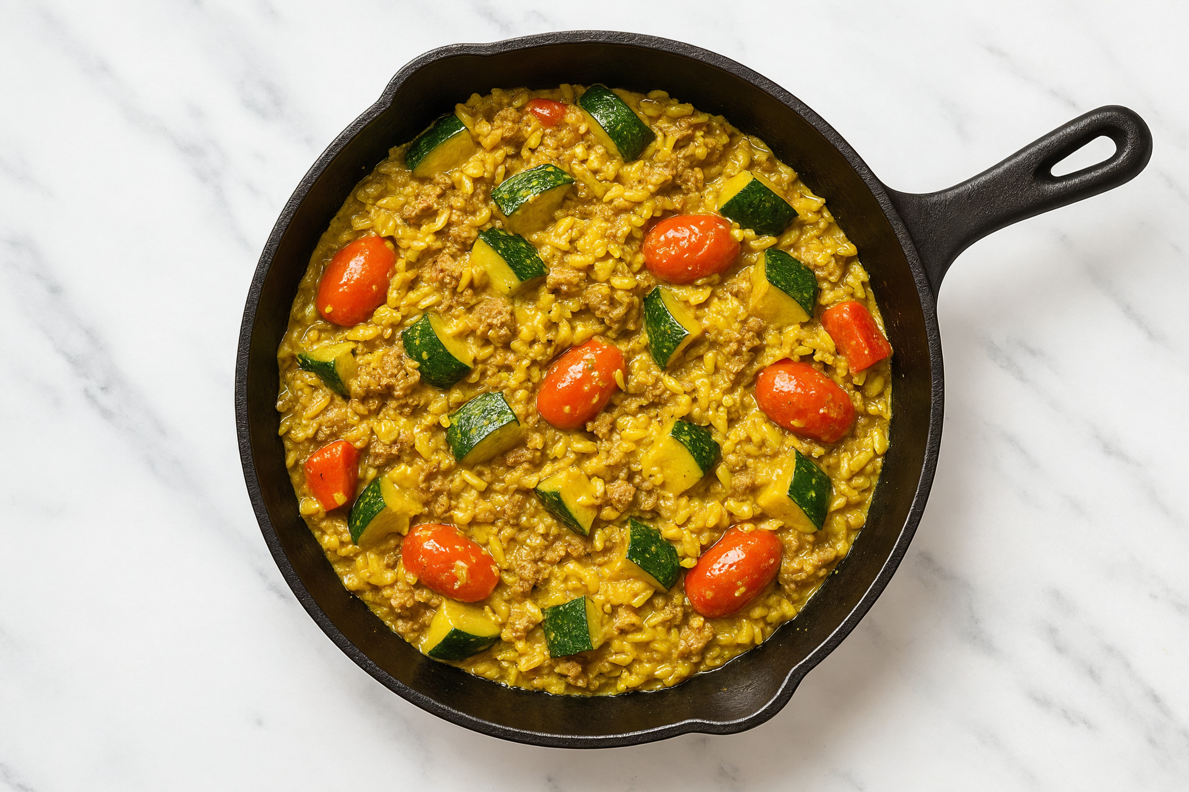 Curry Squash + Ground Bison Stir-Fry with Seasoned Jasmine Rice