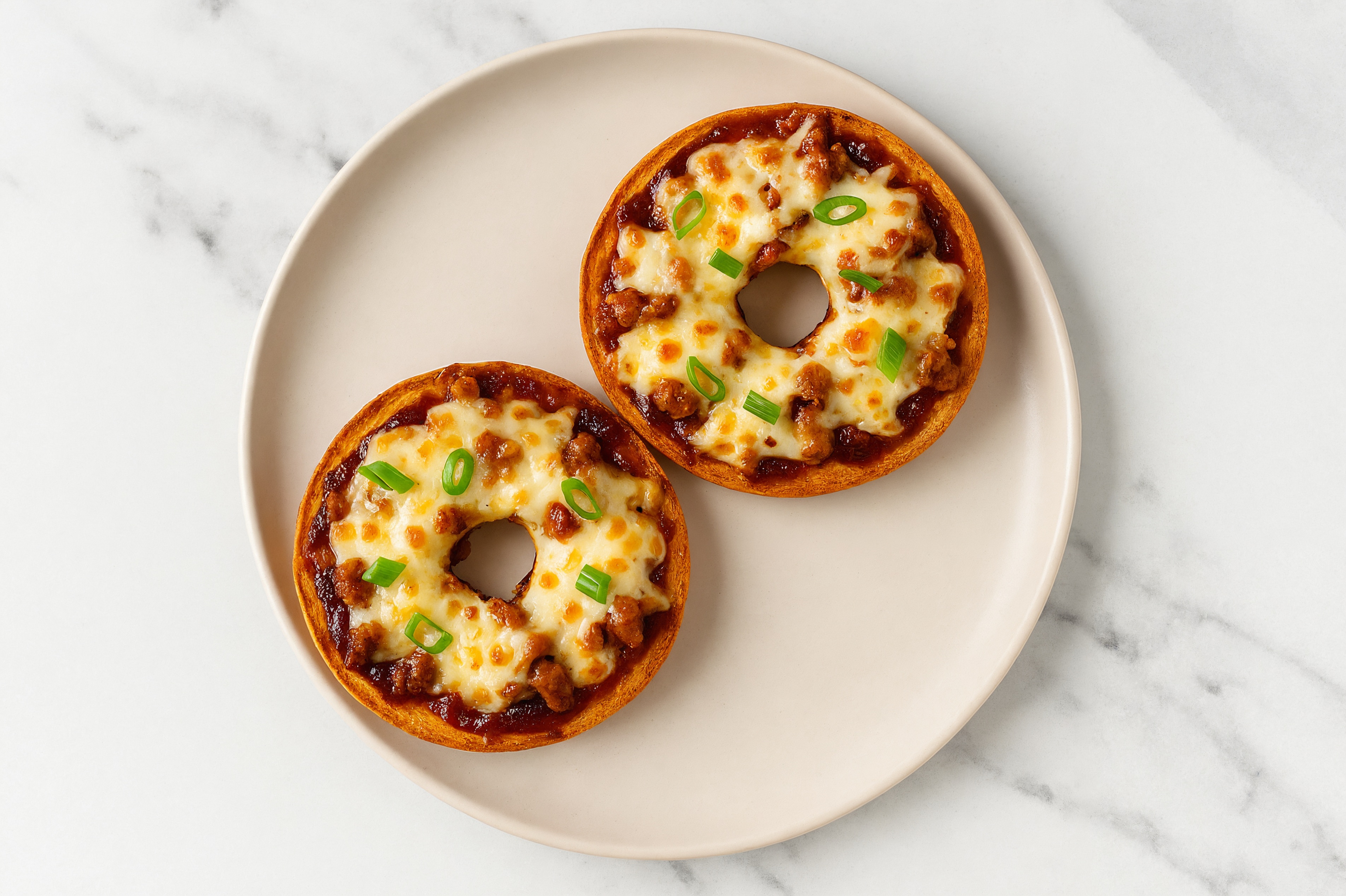 BBQ Pork Sausage Pizza Gluten-Free Plain Bagels with Scallions