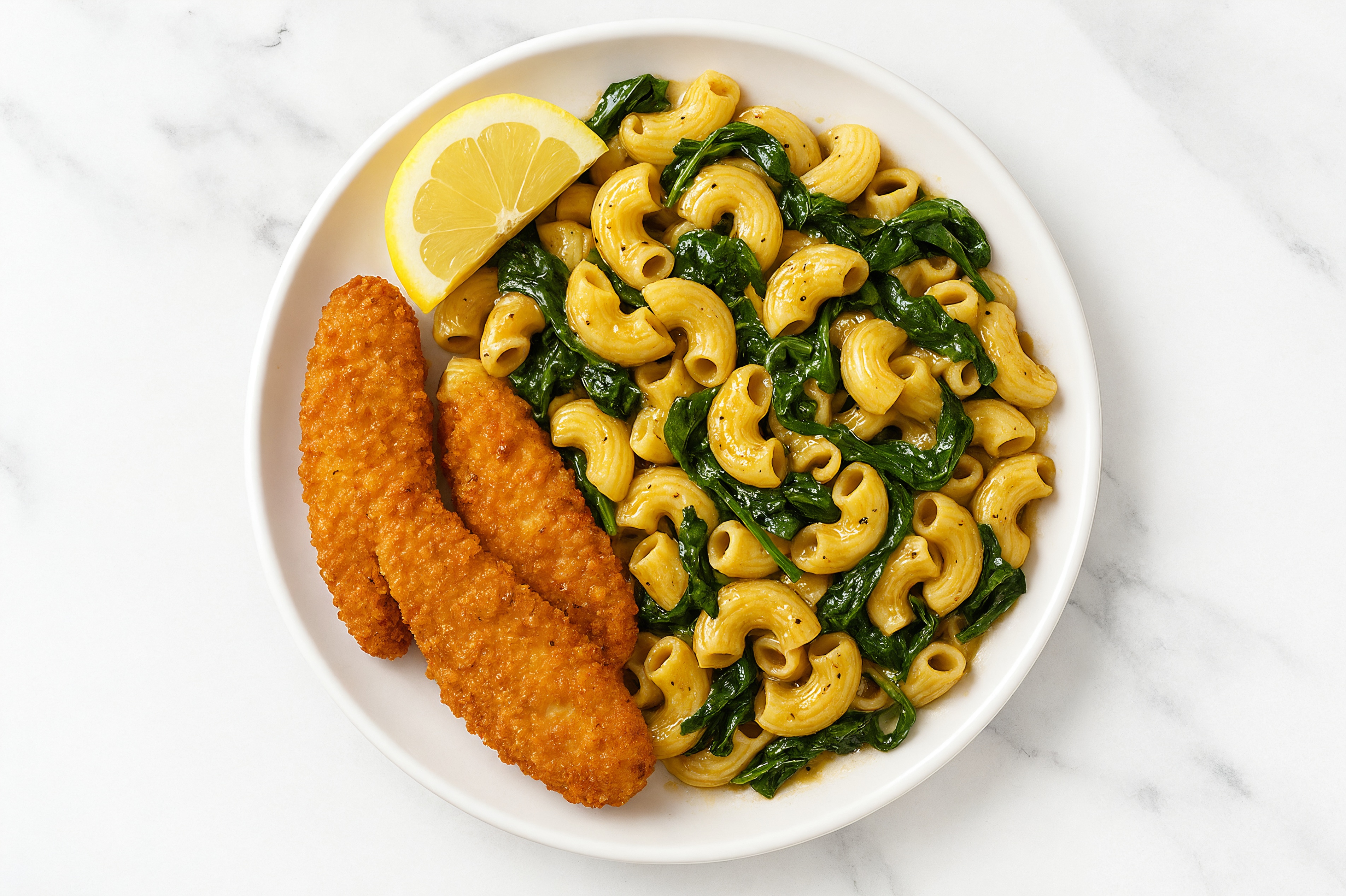 Chiocciole + Chick'n Tenders with Melt Organic Cold-Pressed Plant Spinach + Lemon Butter