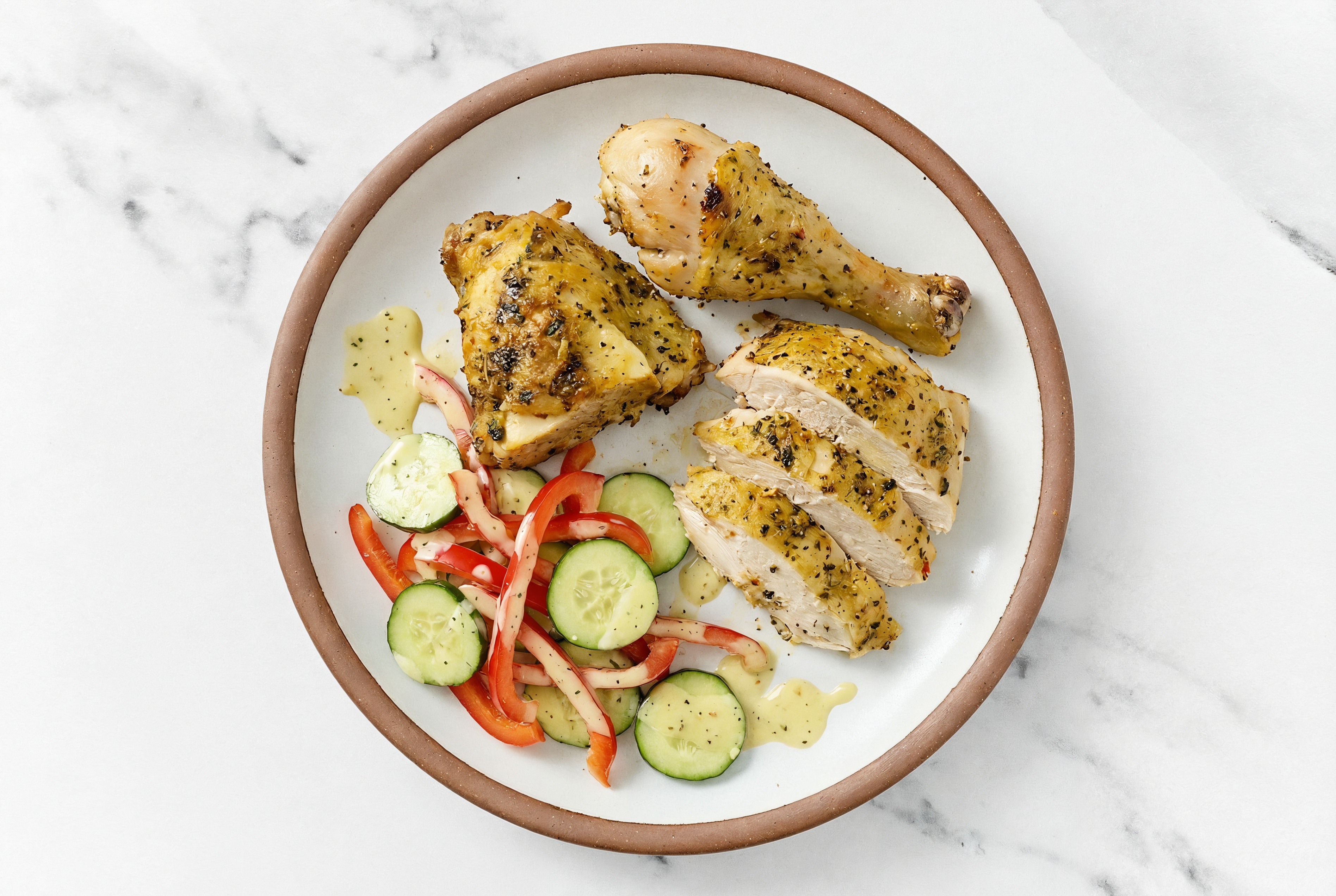 Juicy Lemon Chicken + Honey Mustard Cucumber Salad with Red Bell Pepper