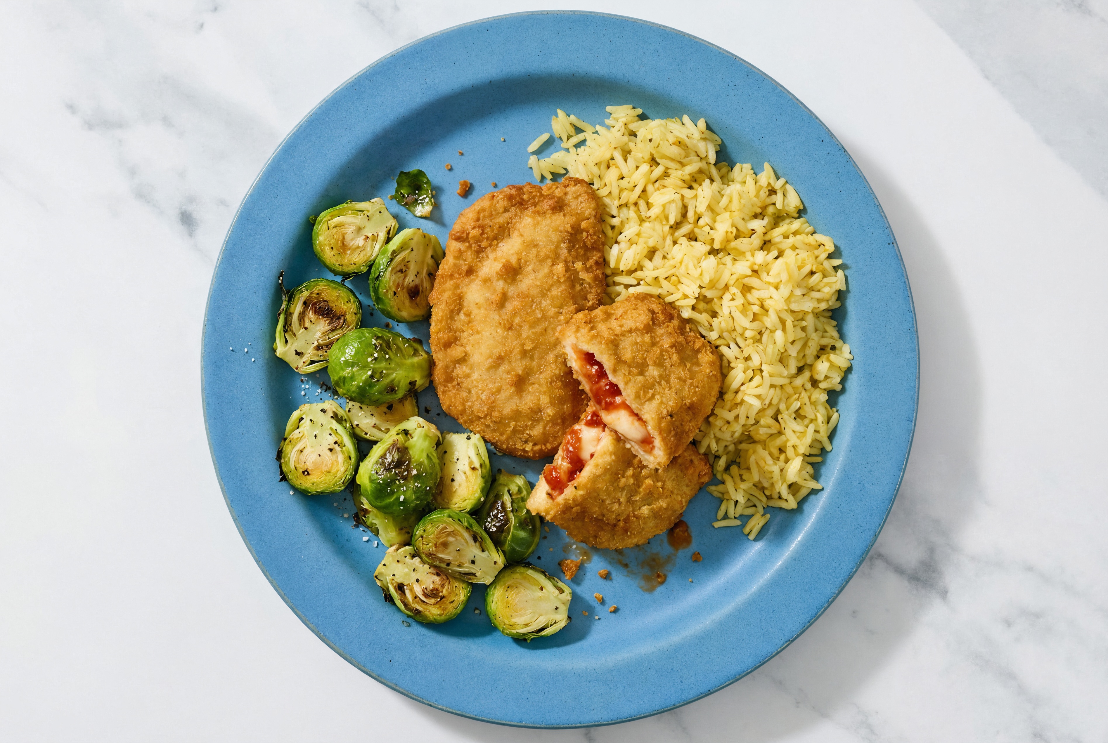 "Chicken" Parm with Brussels & Jasmine Rice