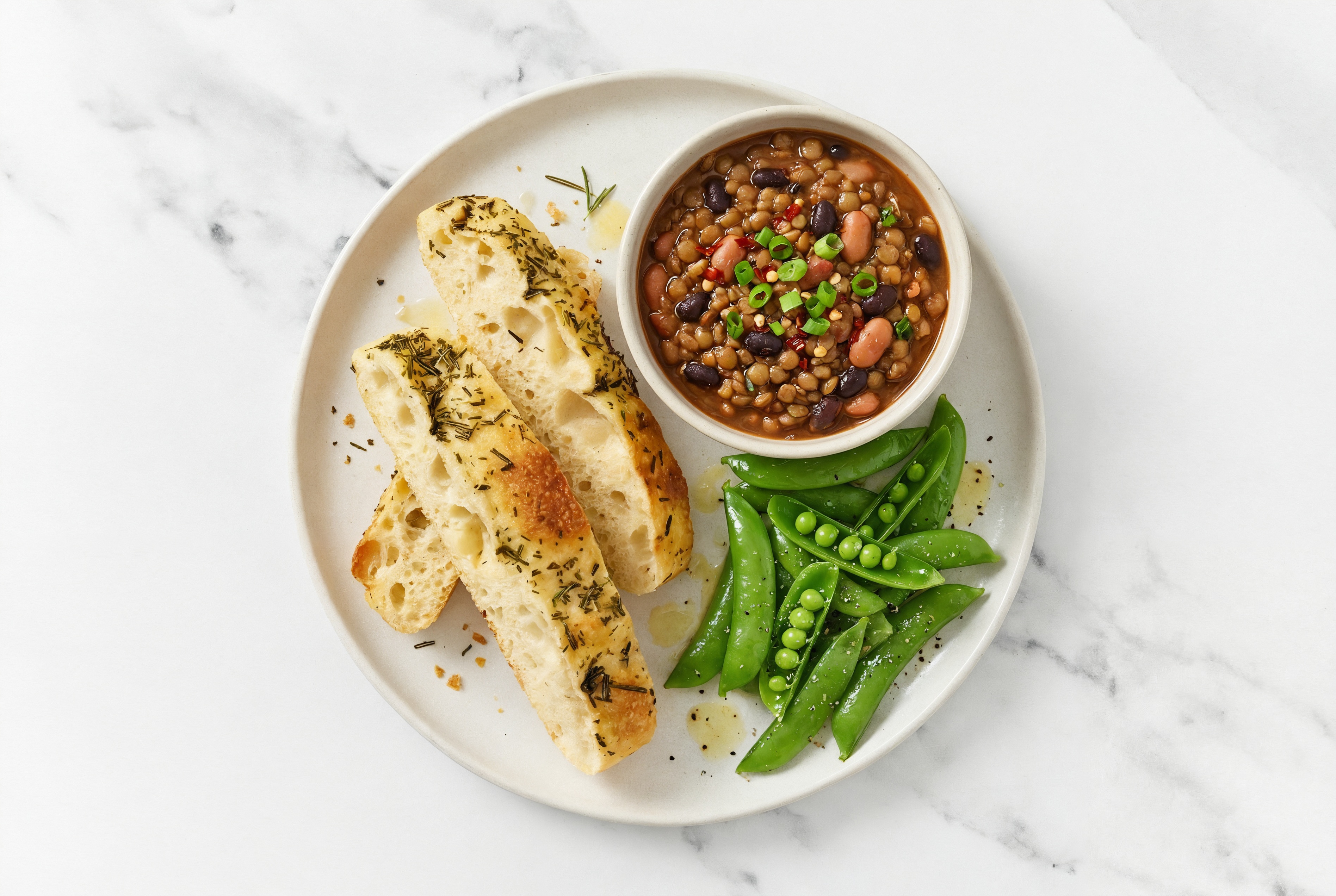 Homestyle Lentil Chili with Snap Peas + Focaccia