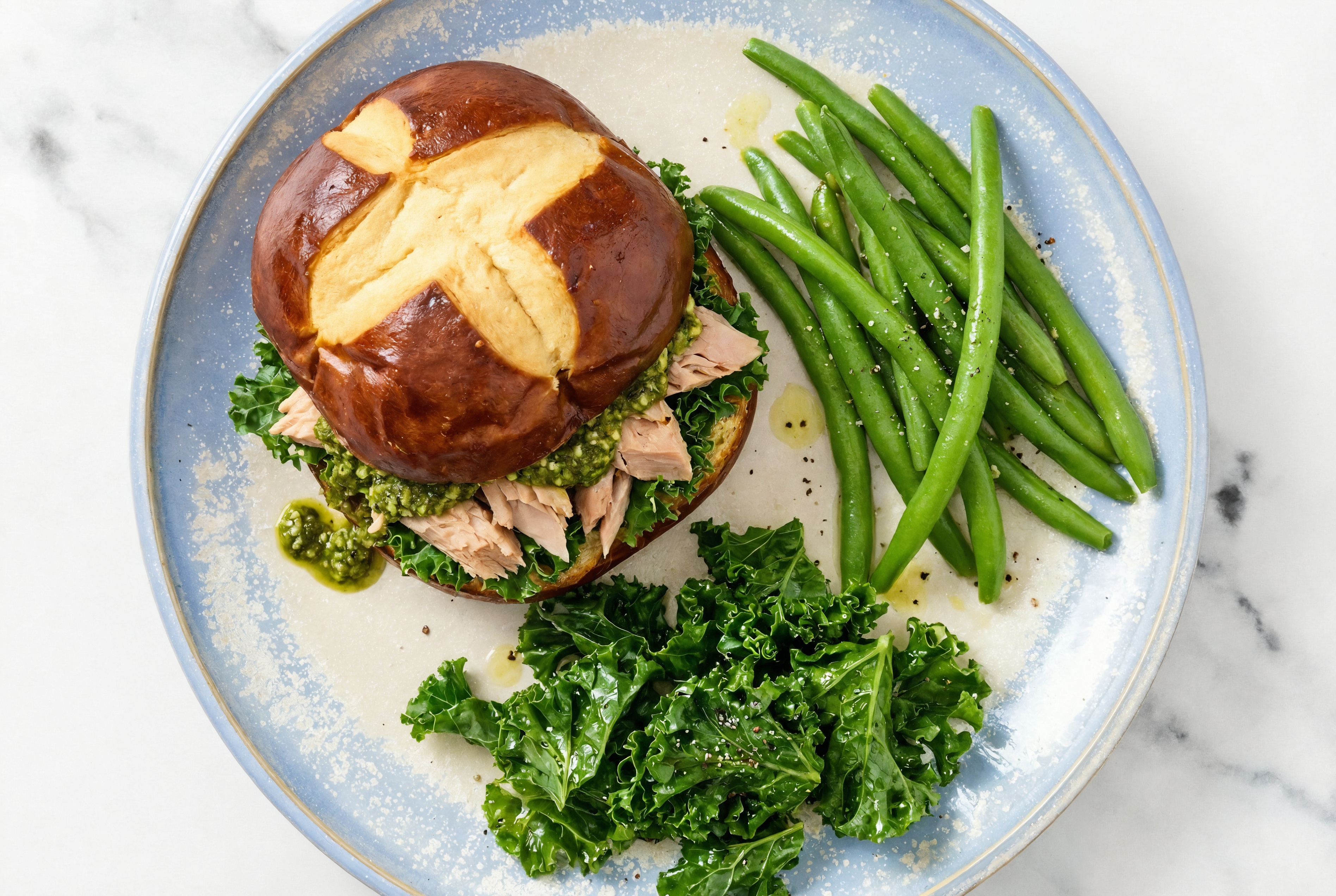 Pesto Tuna Sandwich on Pretzel Bun with Kale + Green Beans