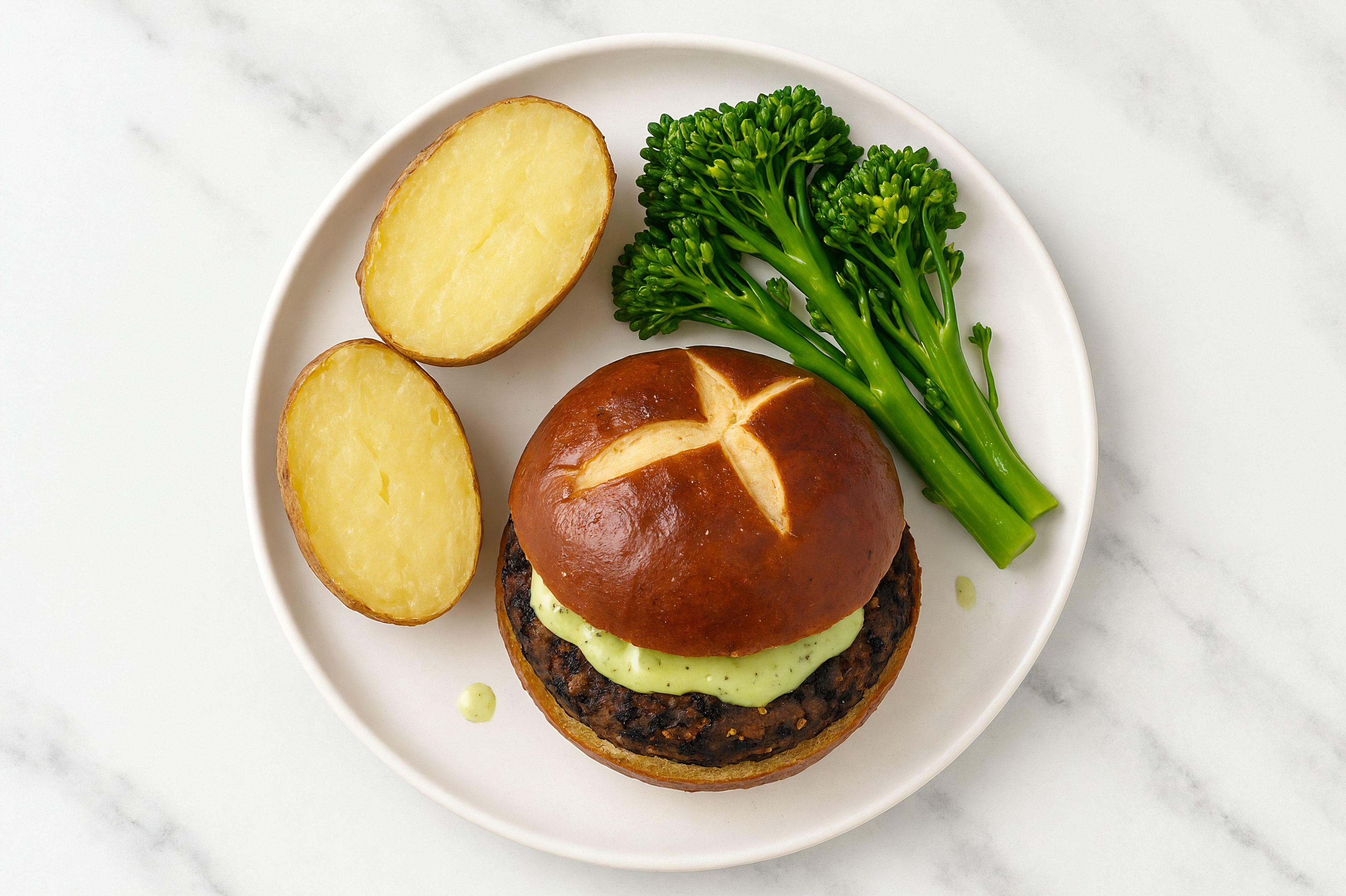 Pesto Black Bean Burger on Pretzel Bun with Baby Broccoli