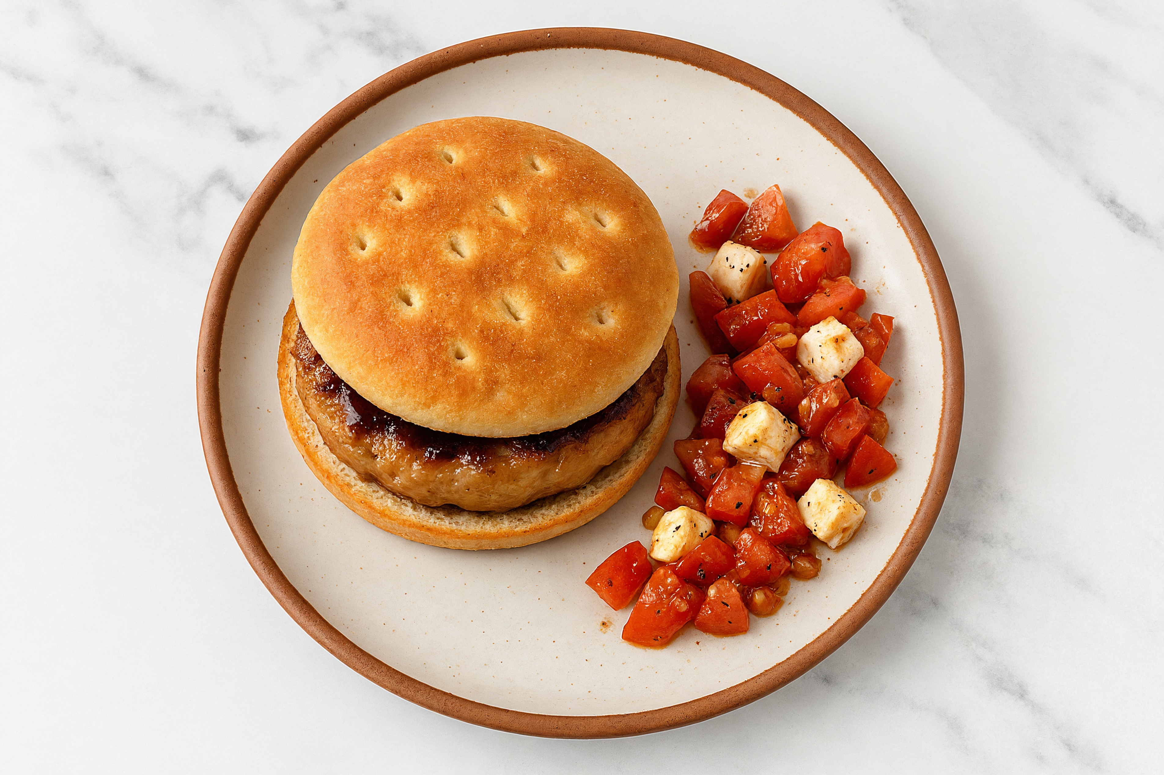 Balsamic Chicken Bacon Burger + Fresh Bruschetta with Mozzarella Ball