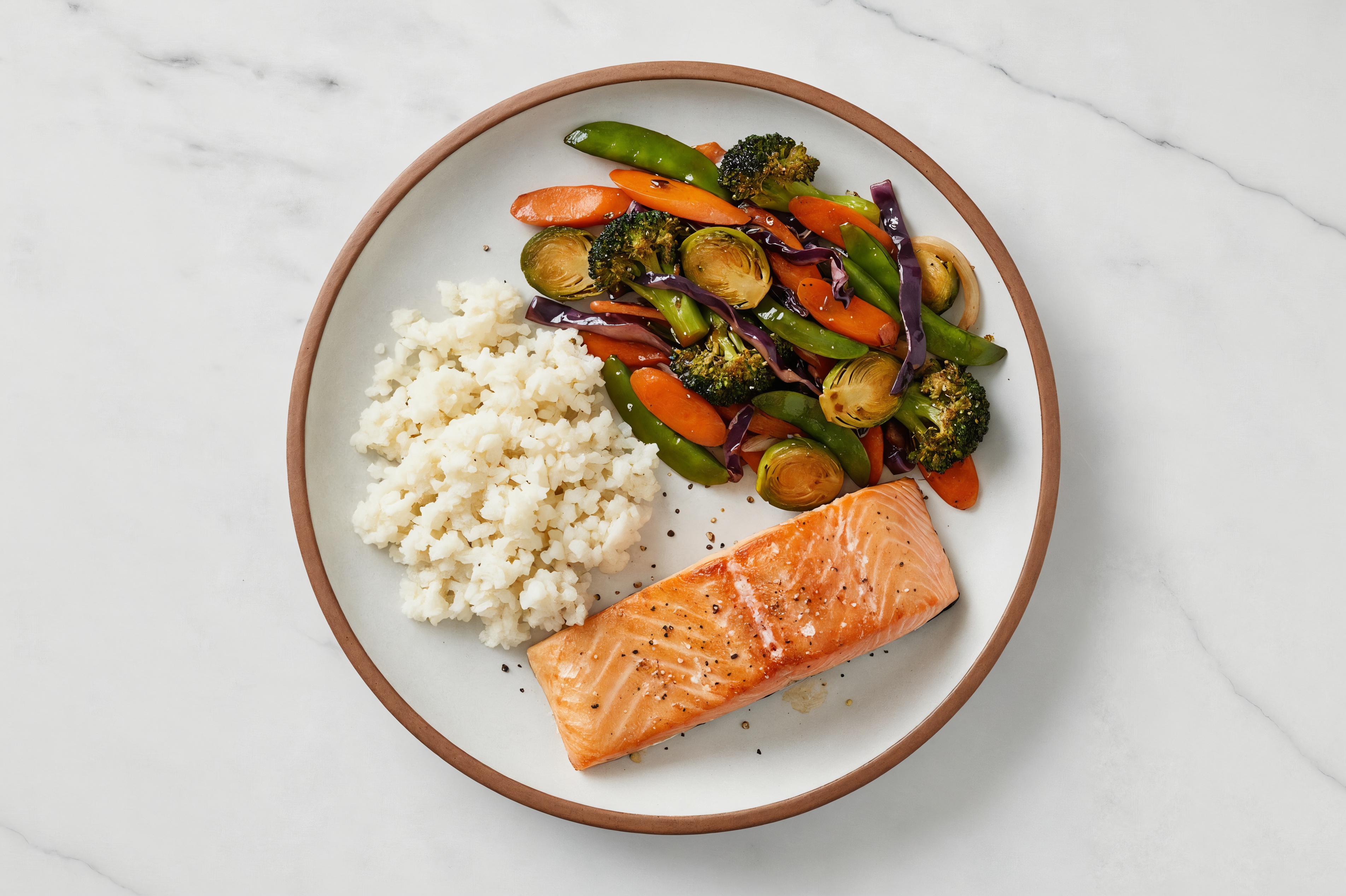Seared Wild Salmon with Teriyaki Veggies + Rice with Riced Cauliflower