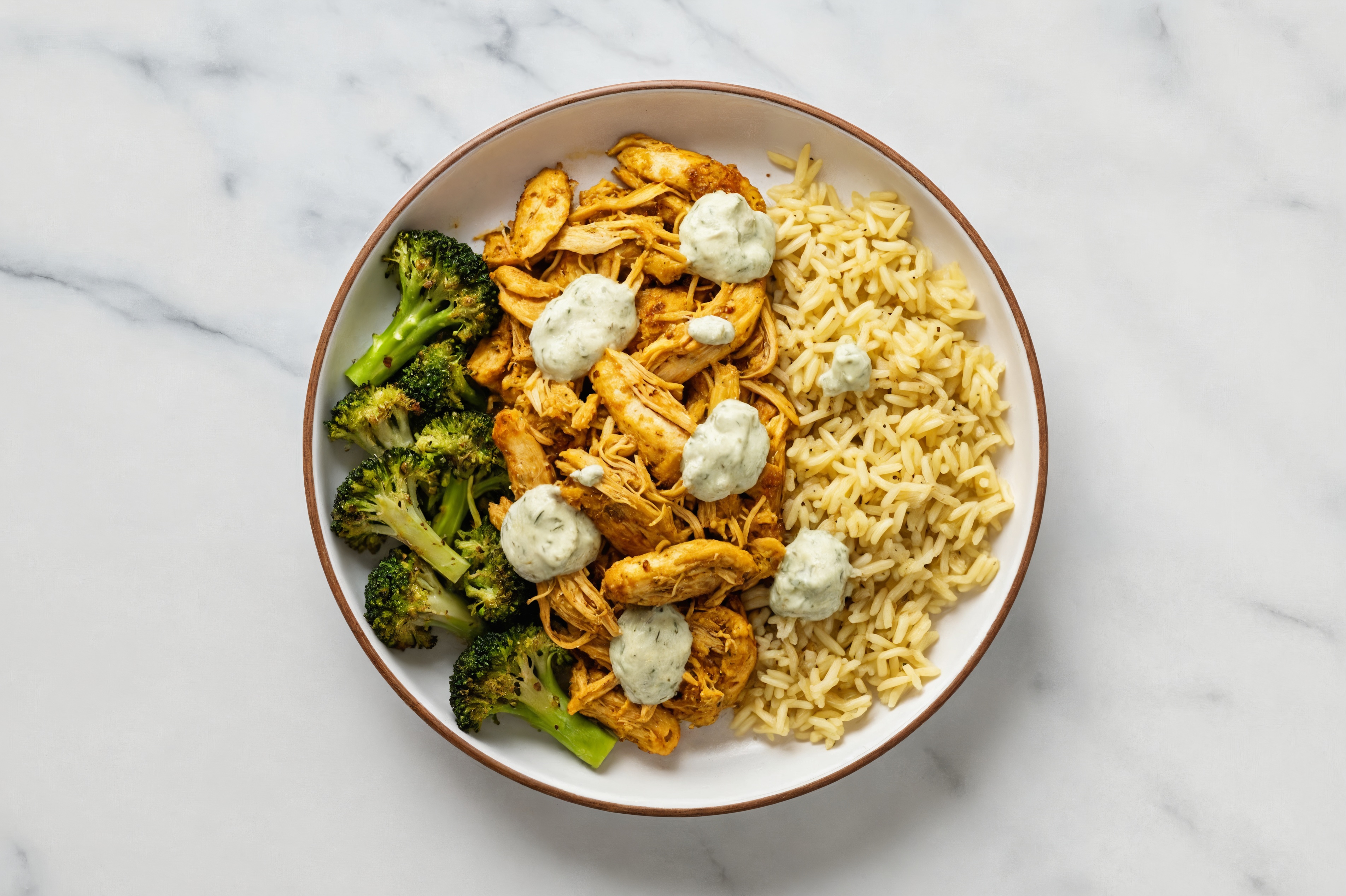 Creamy Dill Shawarma Chicken Rice Bowl with Broccoli Florets