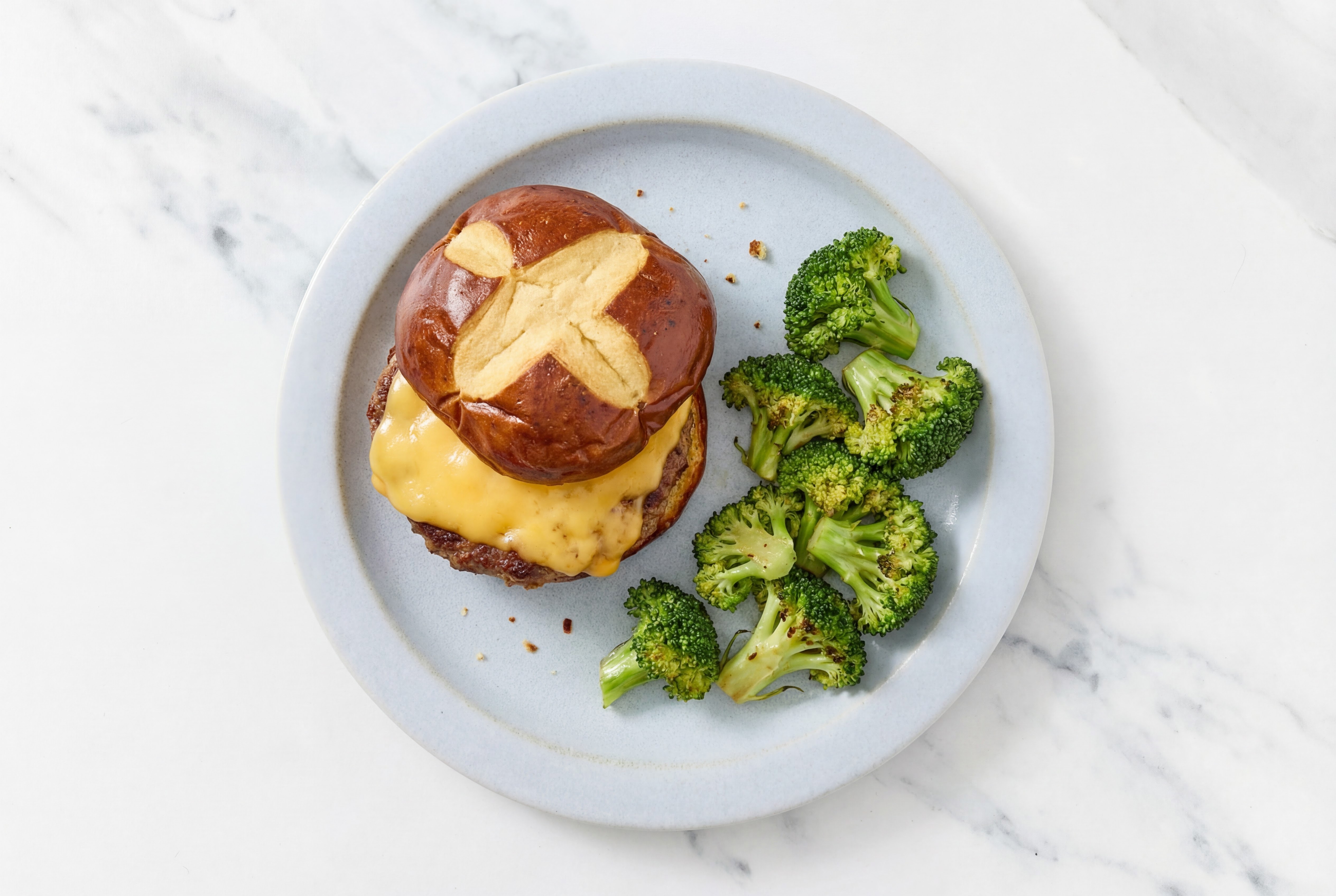 Classic Cheese Burger on Pretzel Bun with Fully Cooked Beef Burgers