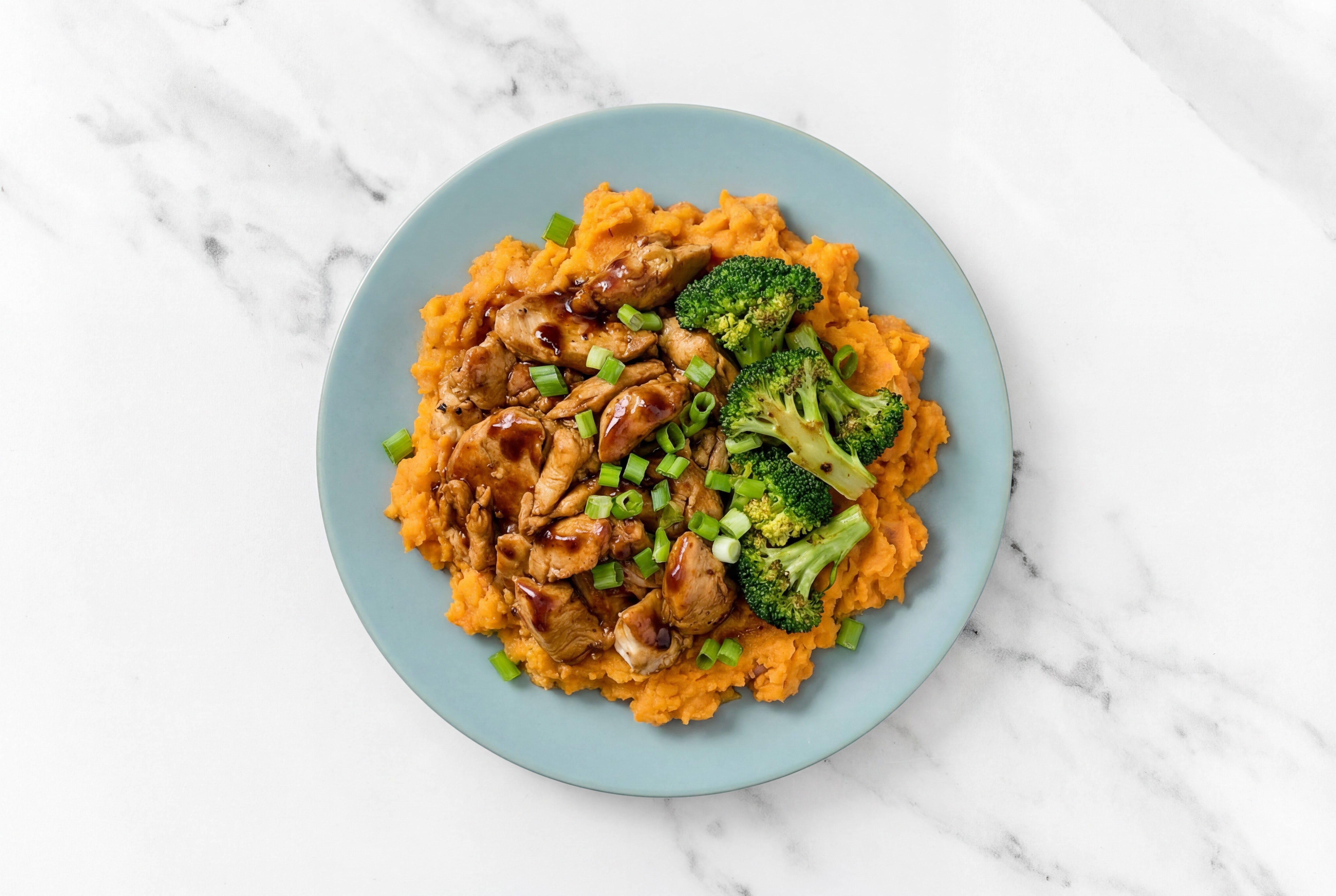 Korean BBQ Chicken Sweet Potato Bowl with Broccoli Bunches