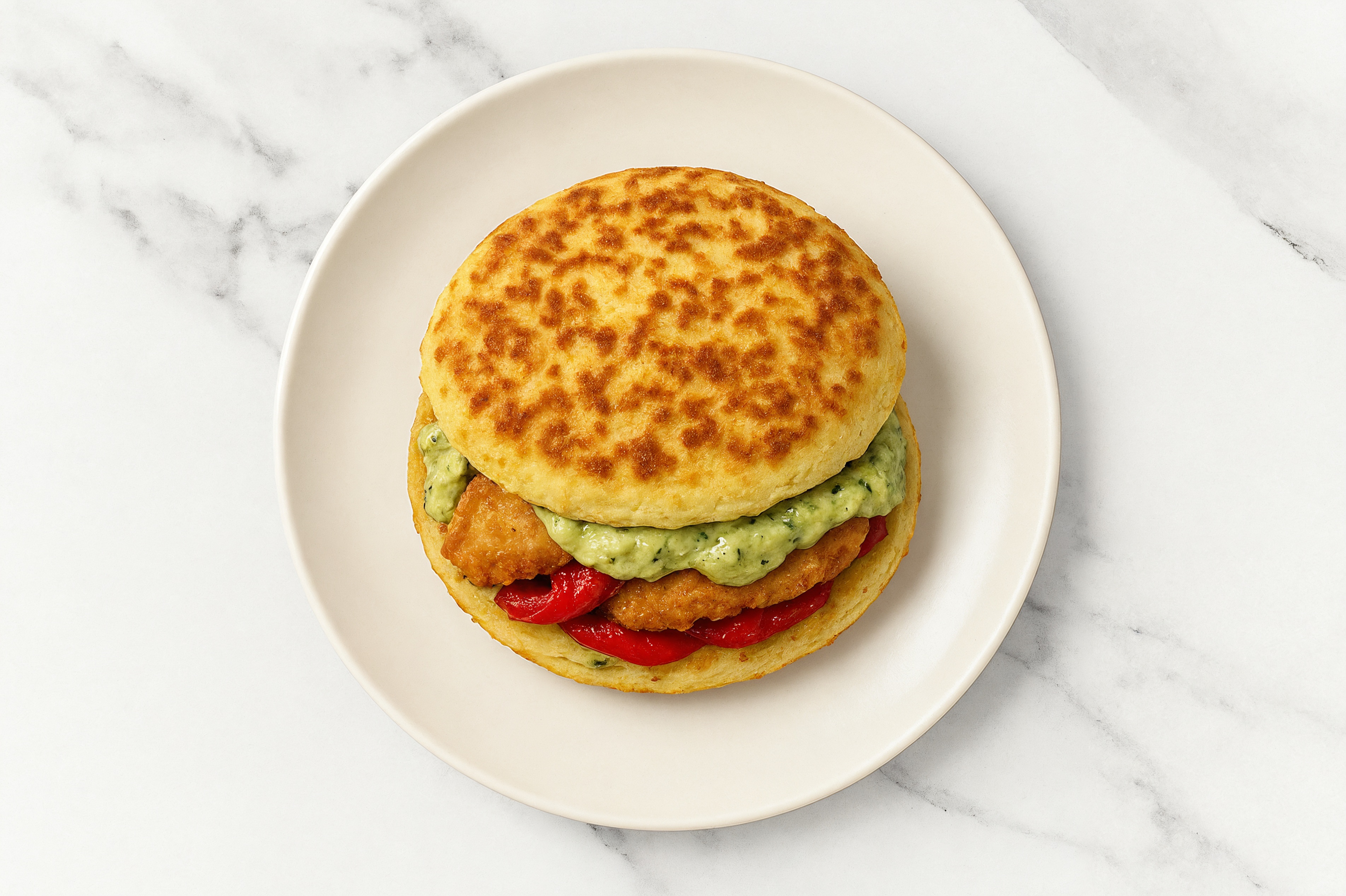 Creamy Artichoke "Chicken" Tenders Sandwich with Roasted Peppers on Cauliflower Rounds