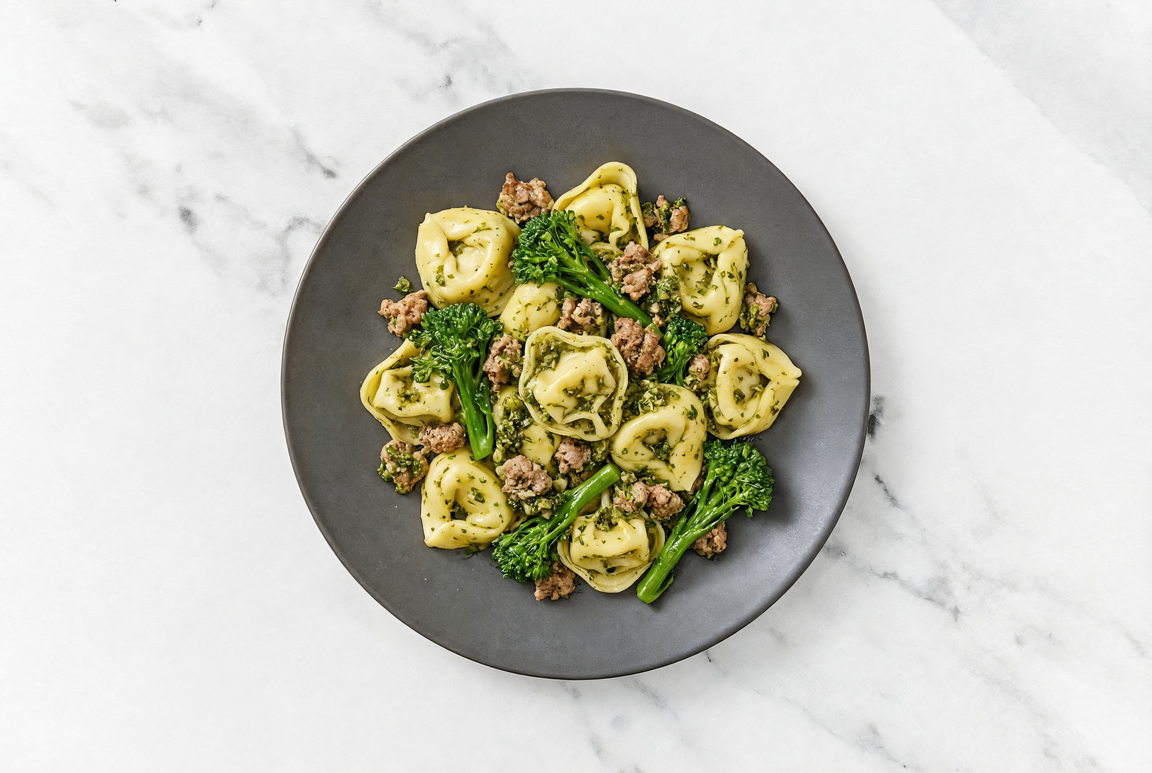 Tortelloni Kale Pesto with Ground Lamb & Baby Broccoli