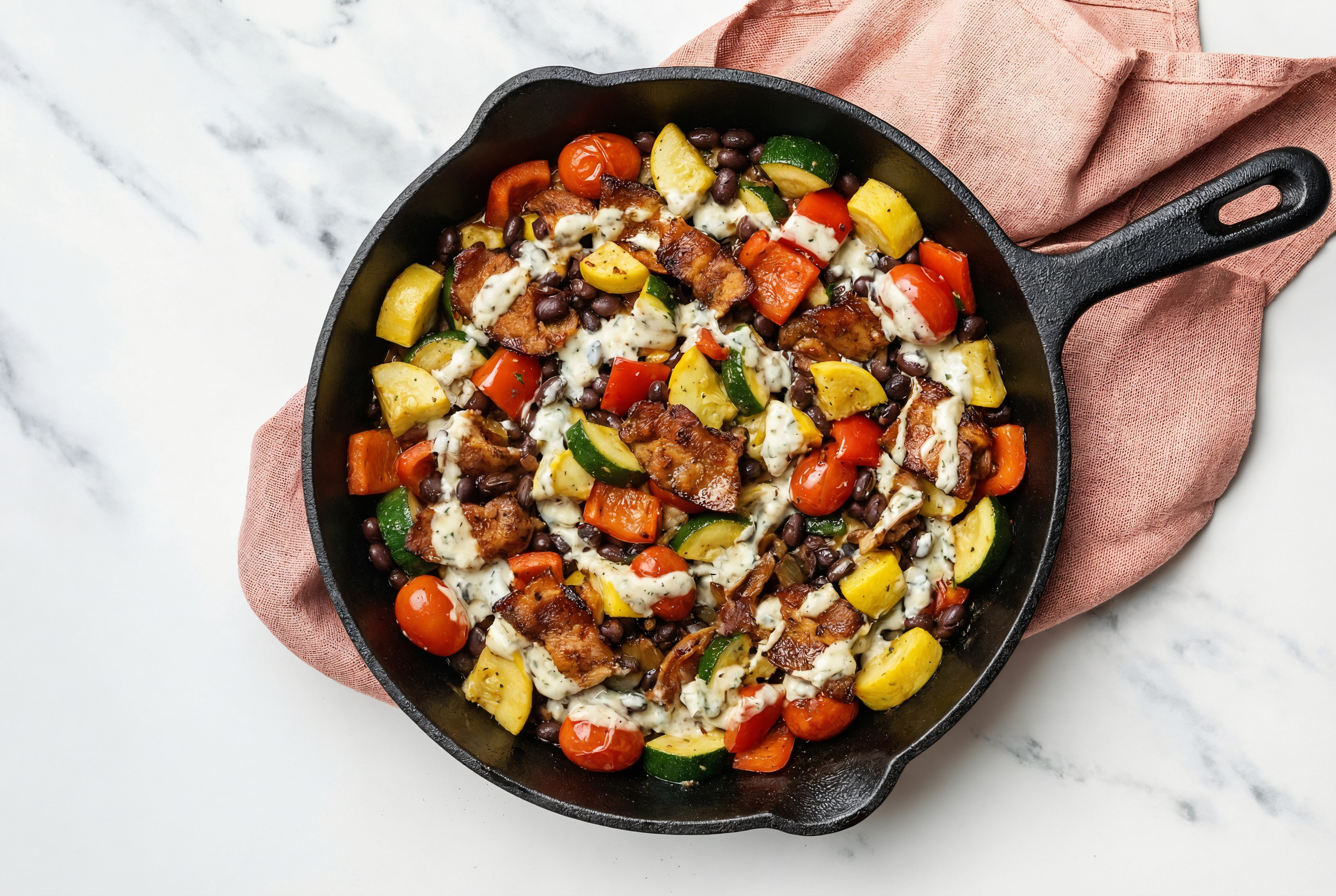 Blackened MyBacon + Black Beans with Mixed Squash + Tzatziki