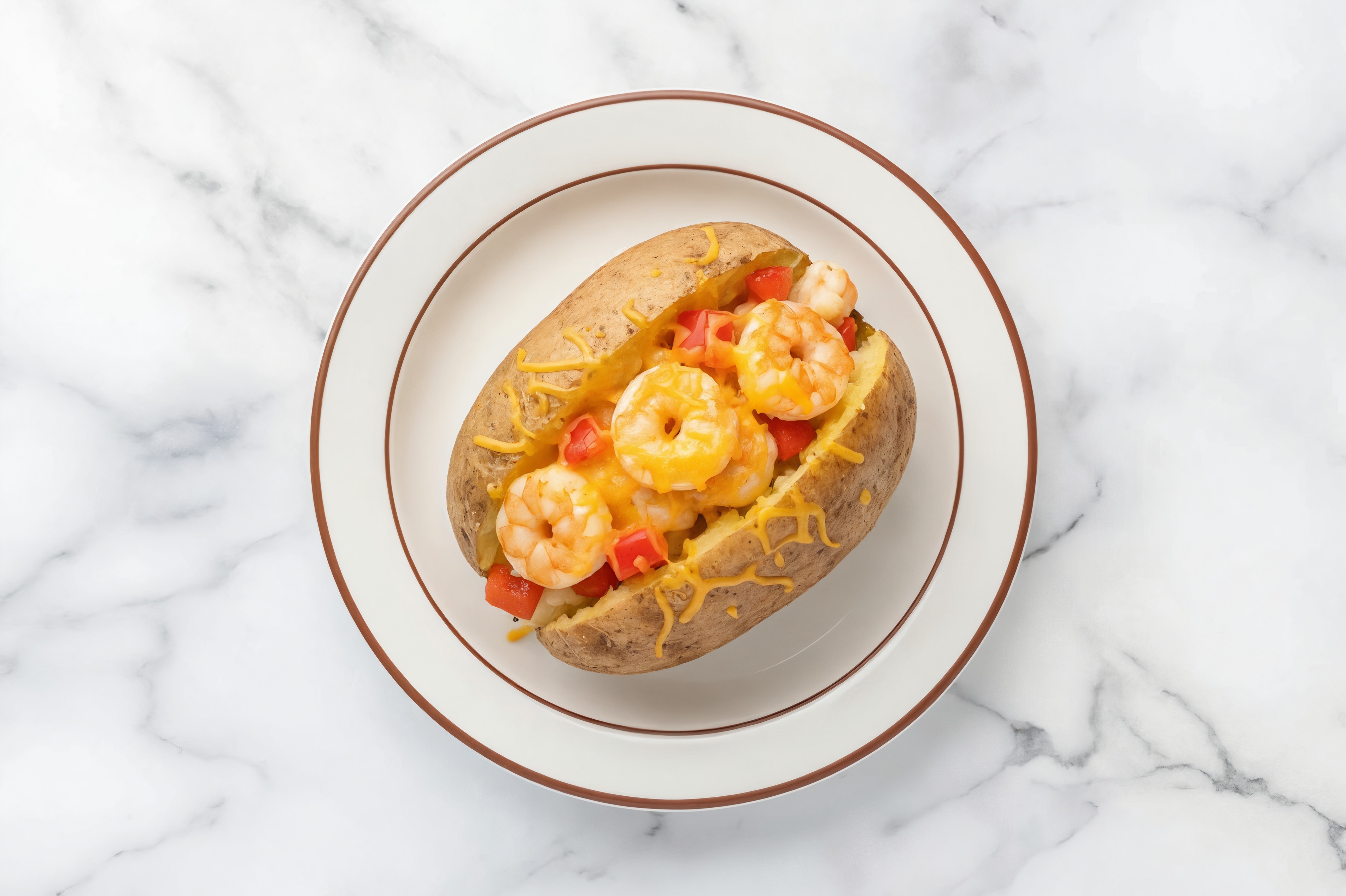 Shrimp + Pepper Loaded Baked Potato with Shredded Sharp Cheddar Cheese