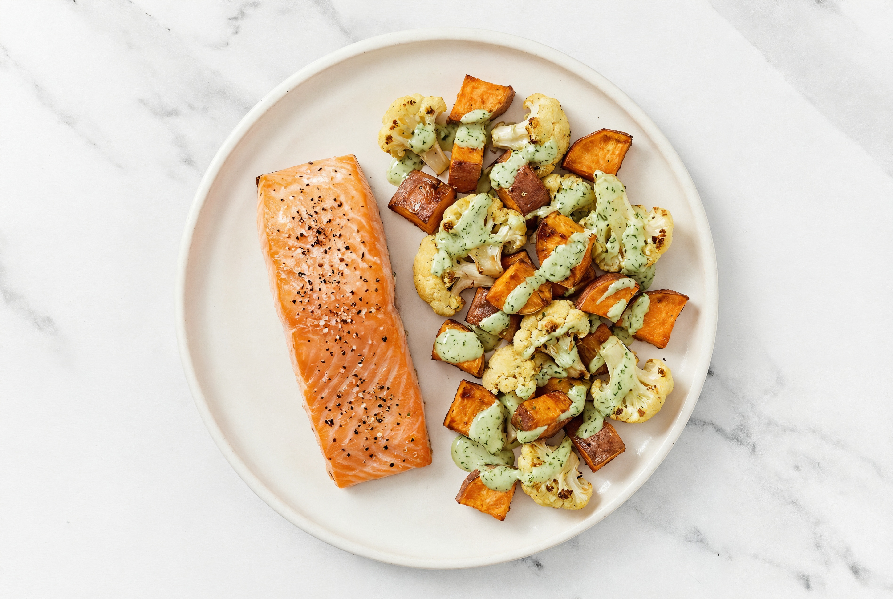 Sheet Pan Green Goddess-Salmon with Sweet Potatoes & Cauliflower