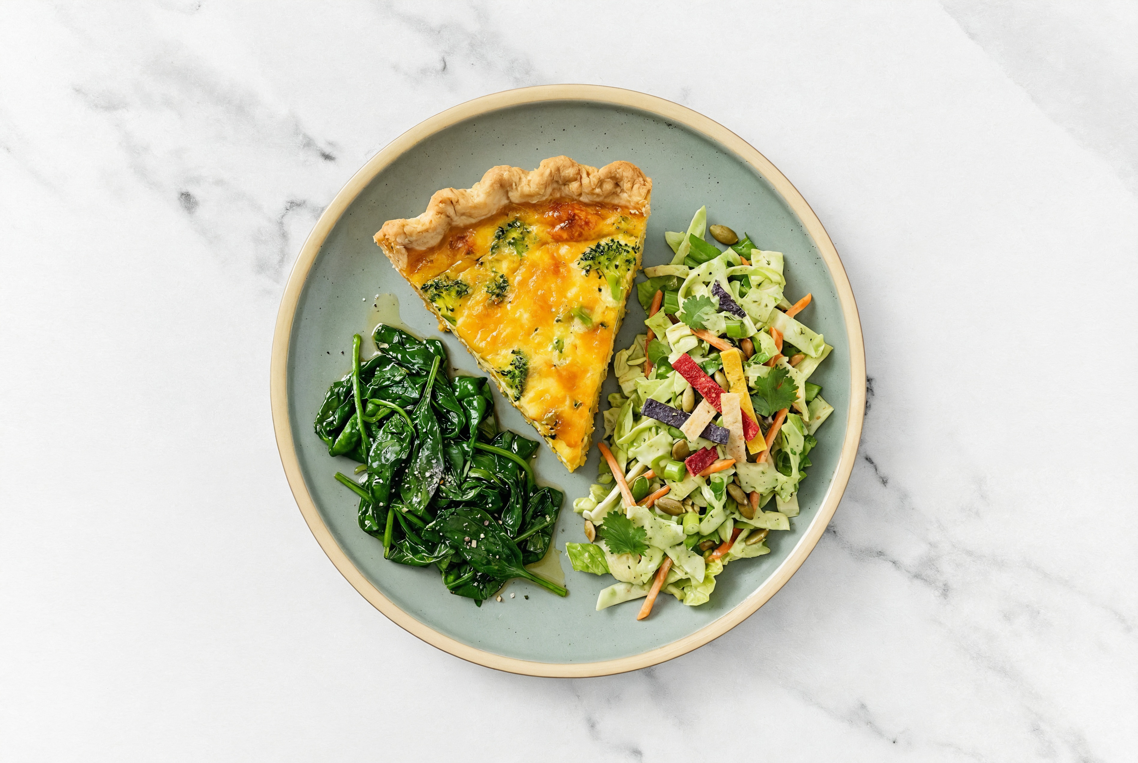 Broccoli & Cheddar Quiche with Baby Spinach & Southwest Salad