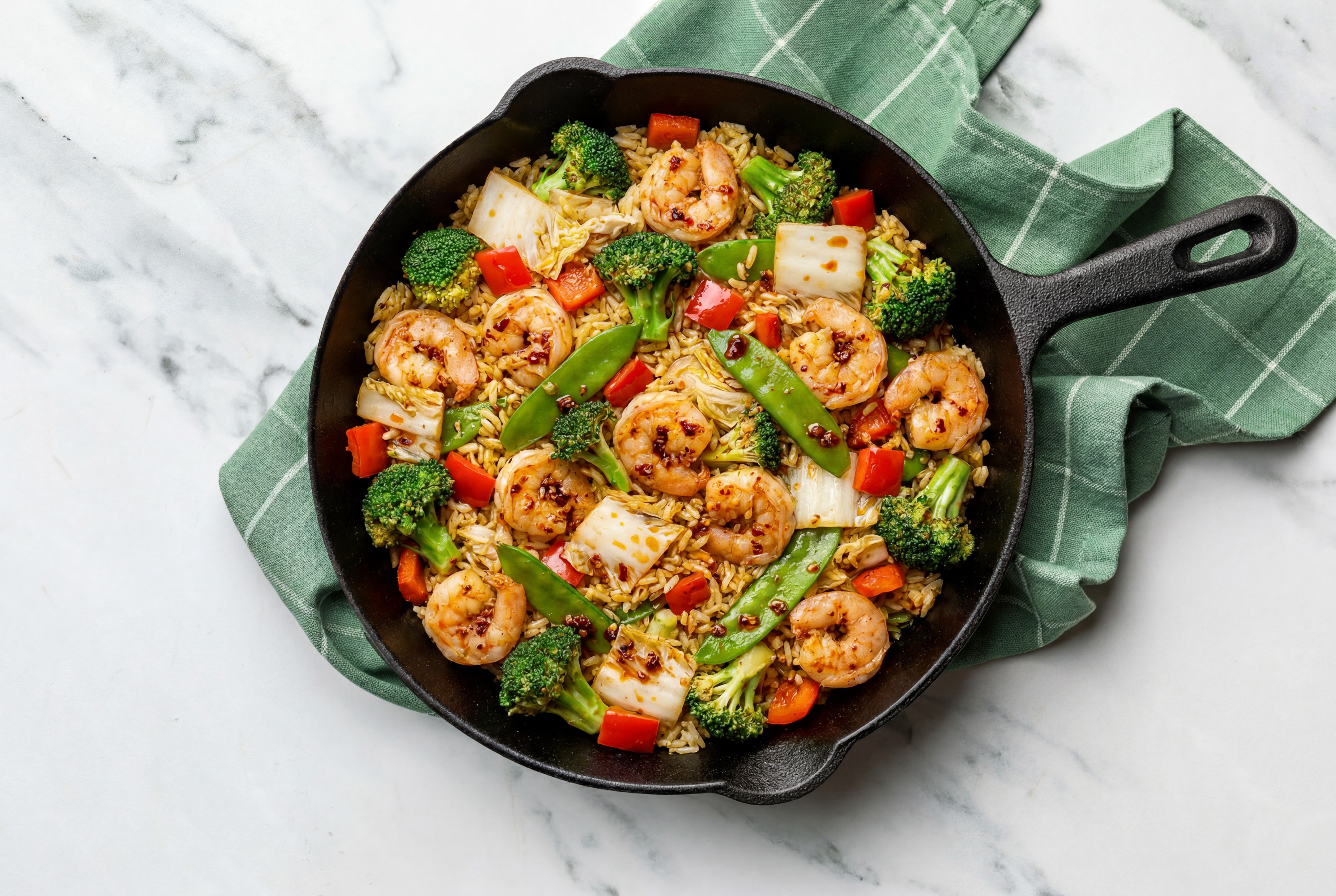 Chili Crisp Jumbo Shrimp with Bok Choy Mix + Bell Organic Pepper over Seasoned Jasmine Rice