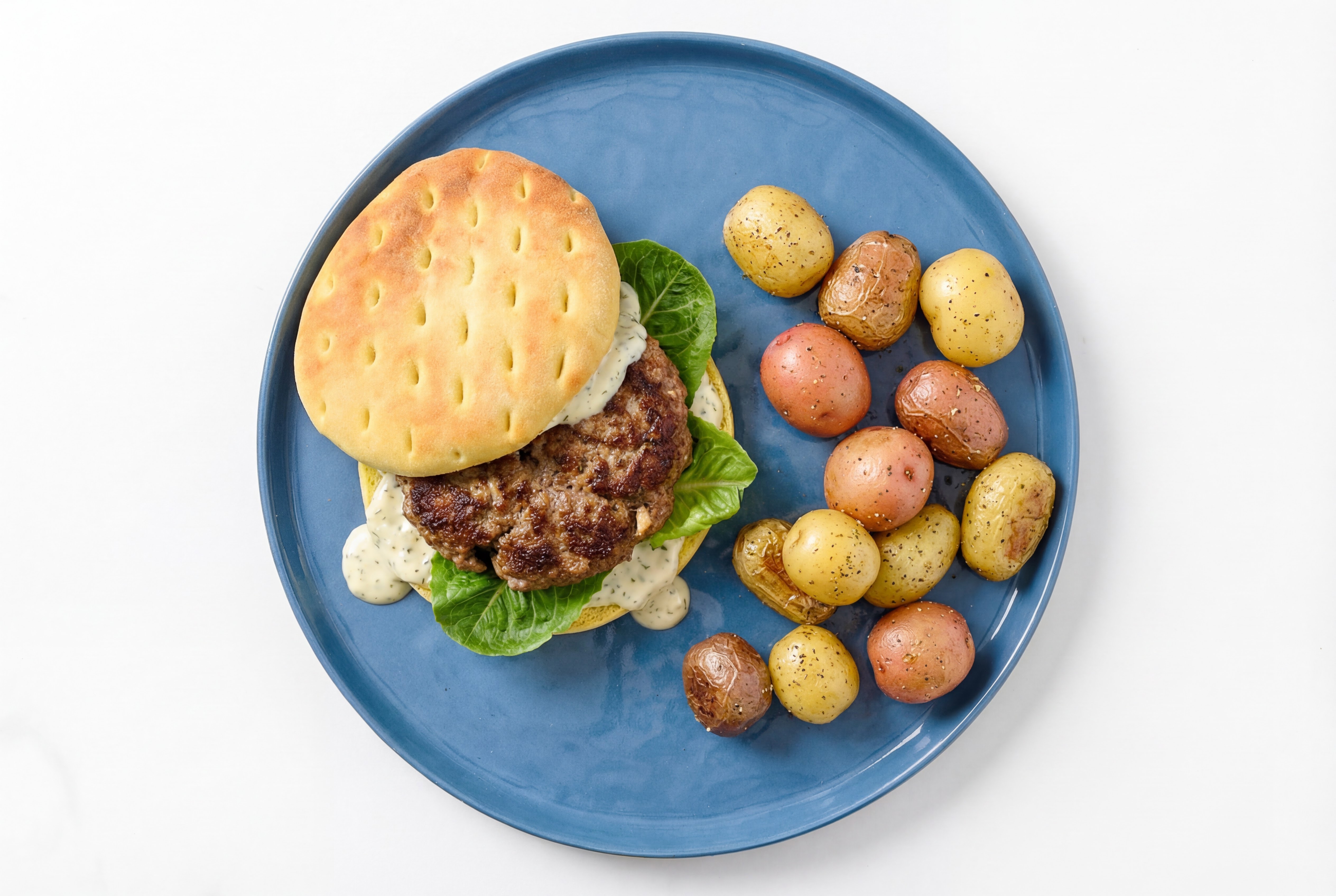 Dill Italian-Style Ground Beef Burgers + Roasted Ranch Potatoes