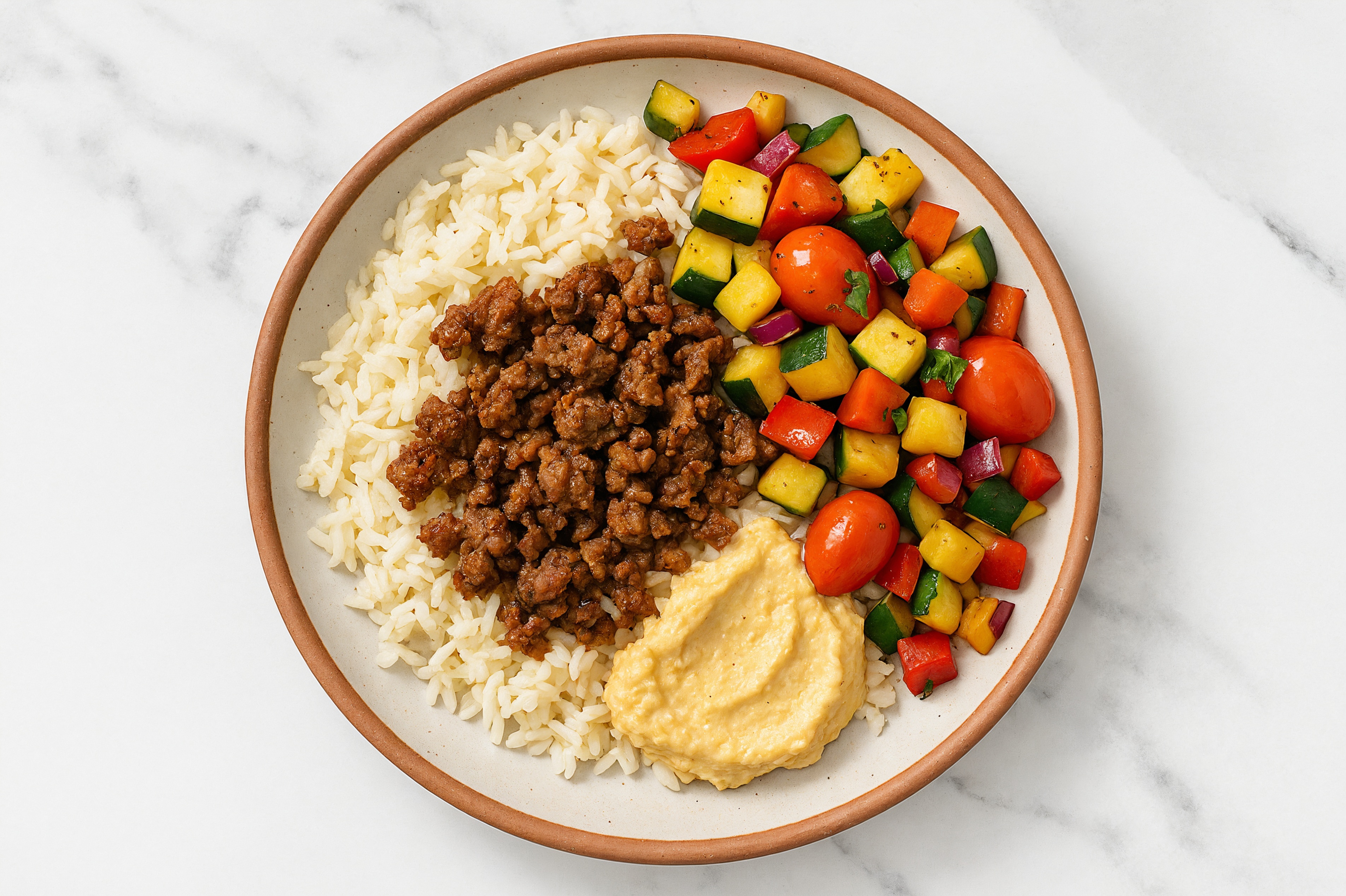 Beef, Ranch Seasoning, Rice, Squash, Pepper Veggies, Lemon Garlic Hummus