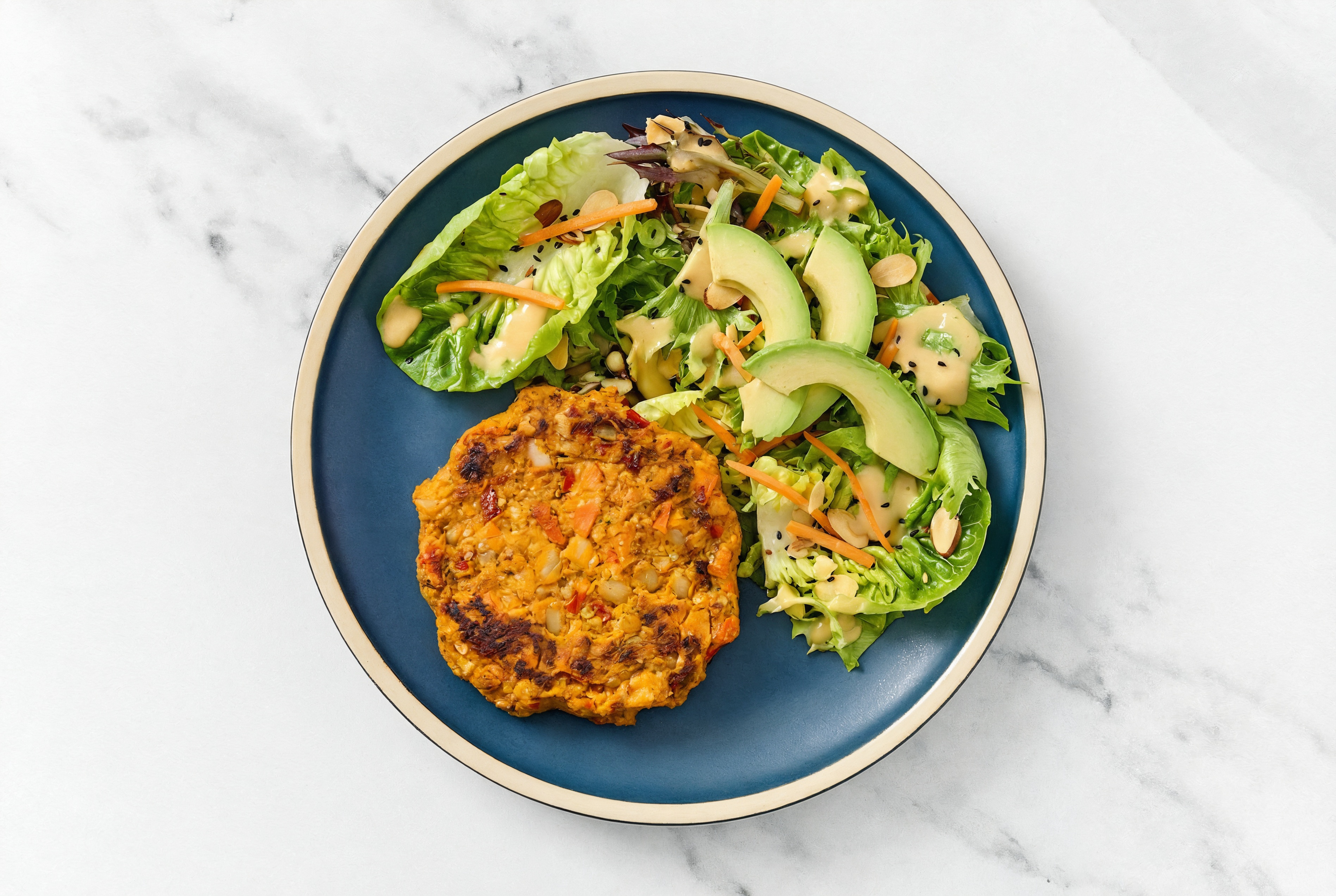 Little Gem Chopped Salad with Sweet Potato Veggie Patties + Avocado