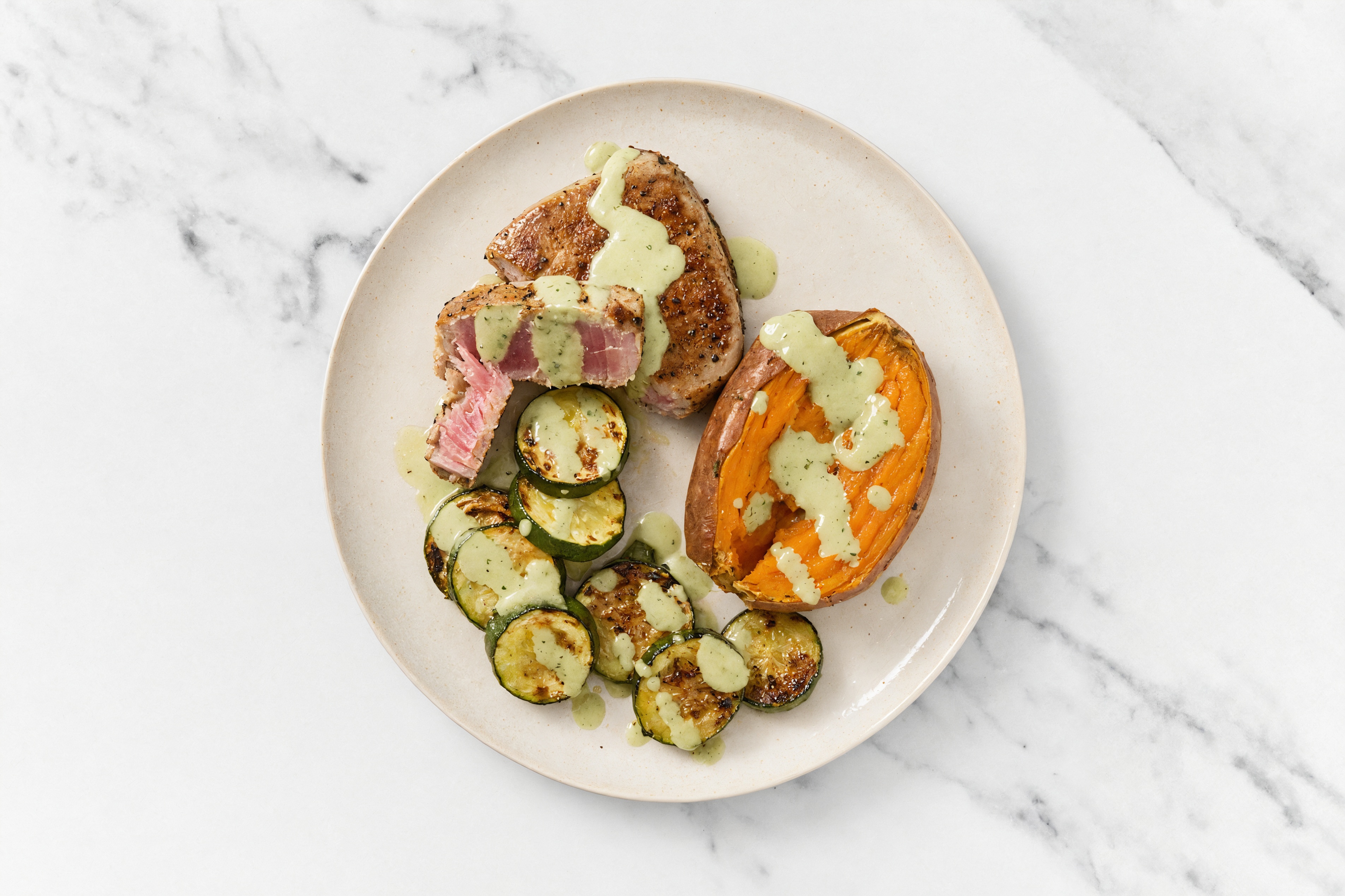 Tahini Marinated Tuna with Zucchini + Sweet Potato