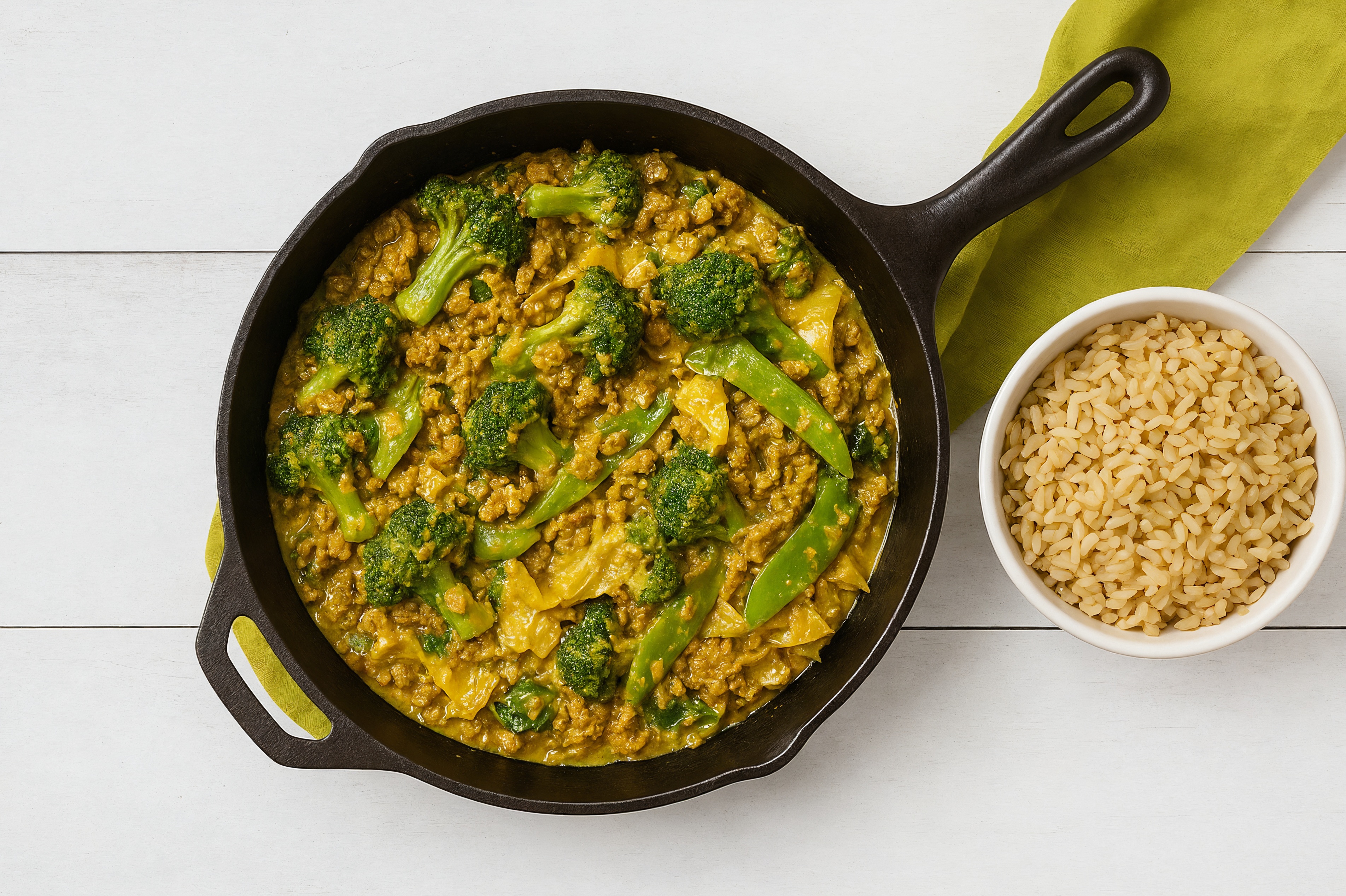 Coconut Curry Ground Beef Stir-Fry with Bok Choy over Brown Rice
