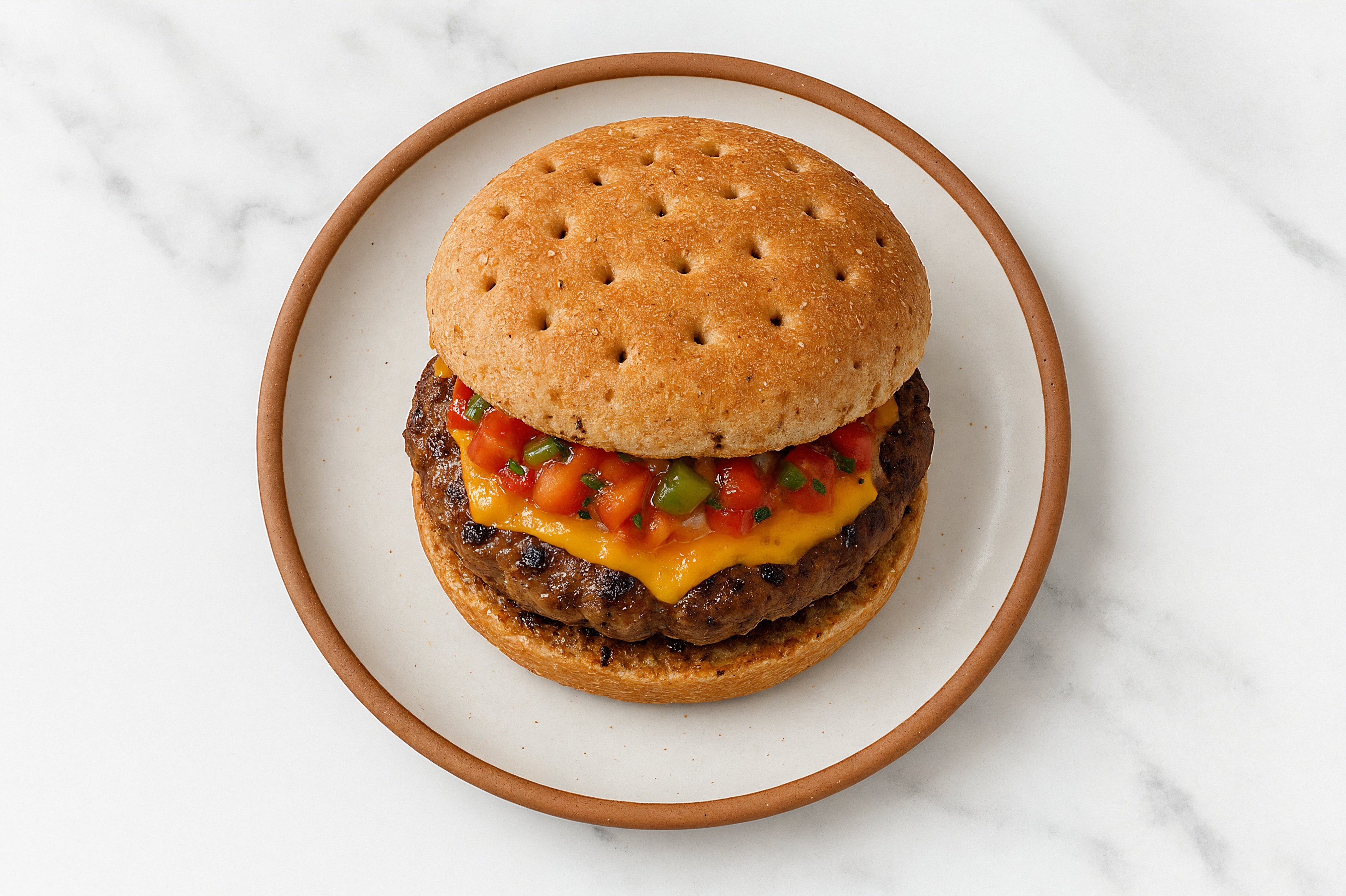 Bison Burger on Multigrain with Salsa & Cheddar