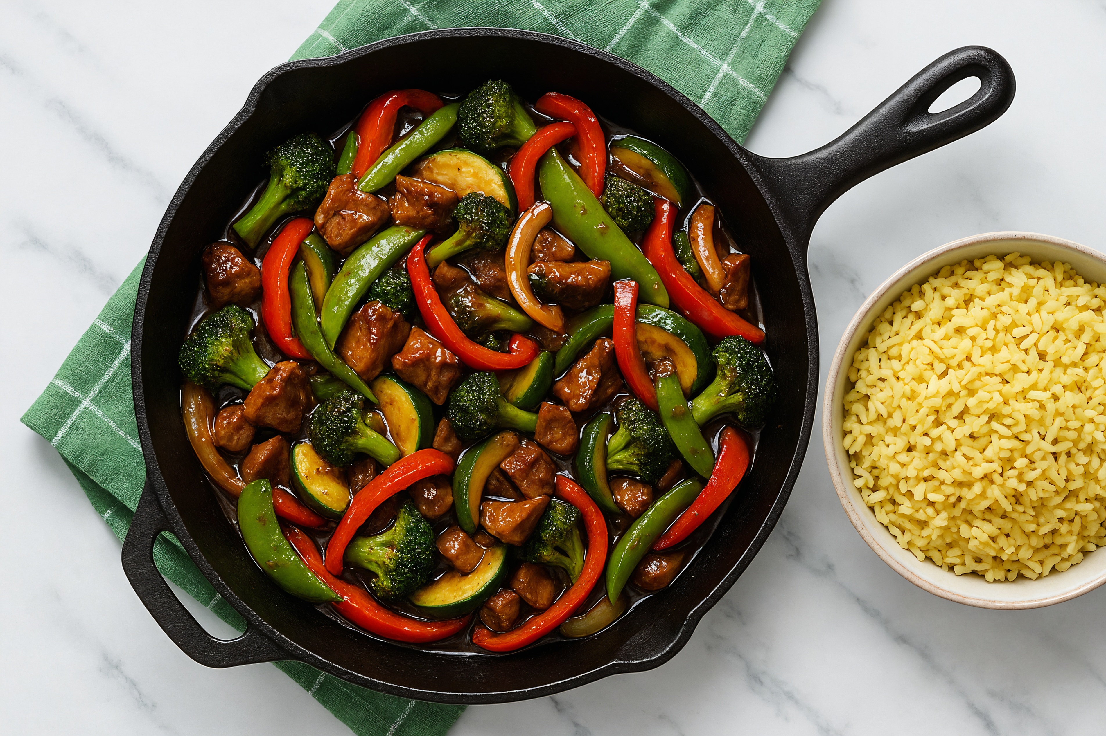 Japanese BBQ Pork Tenderloin Stir-Fry with Mixed Veggies over Jasmine Rice