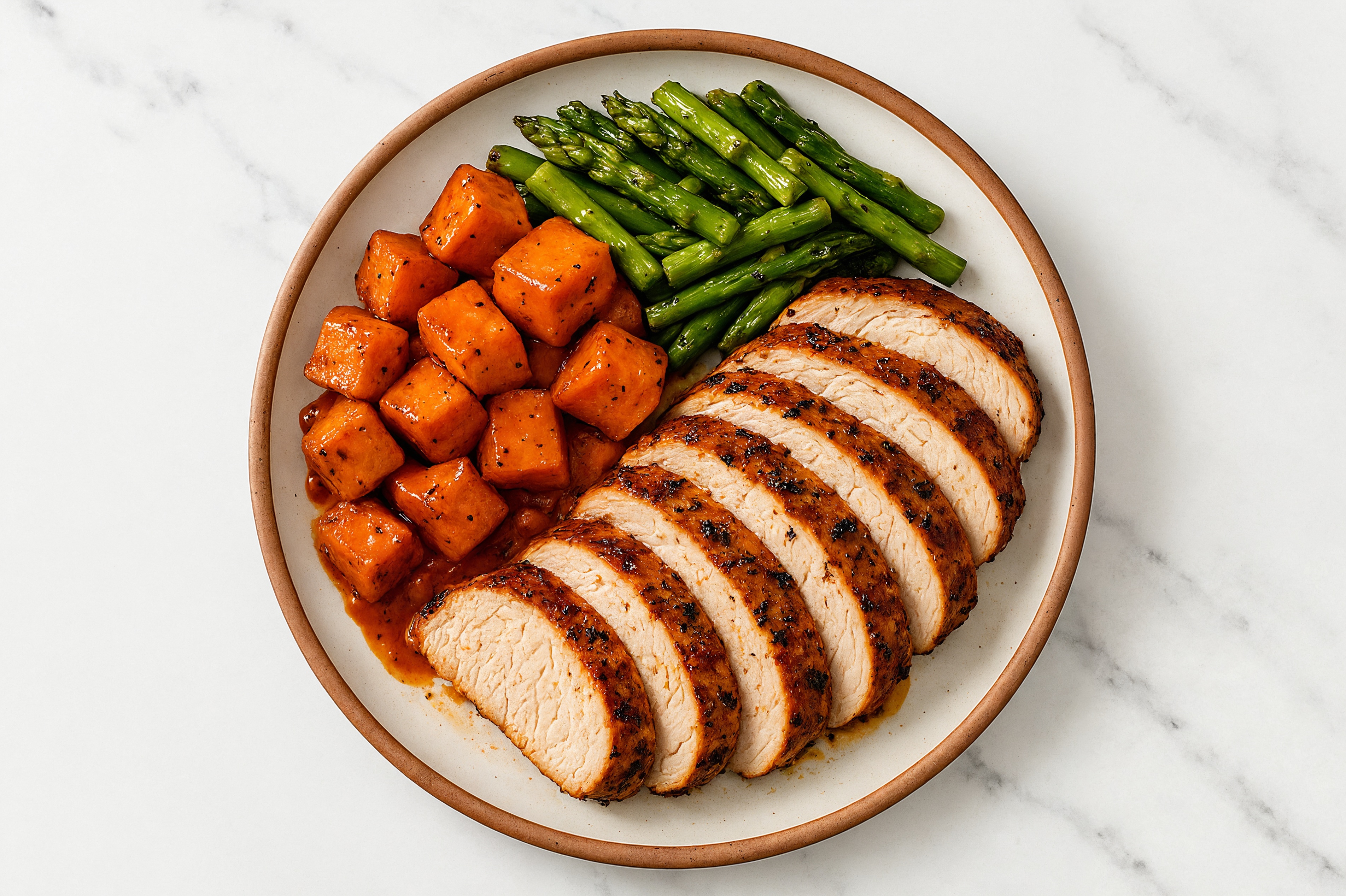 Turkey Tenderloin with Hickory Sweet Potatoes + Asparagus