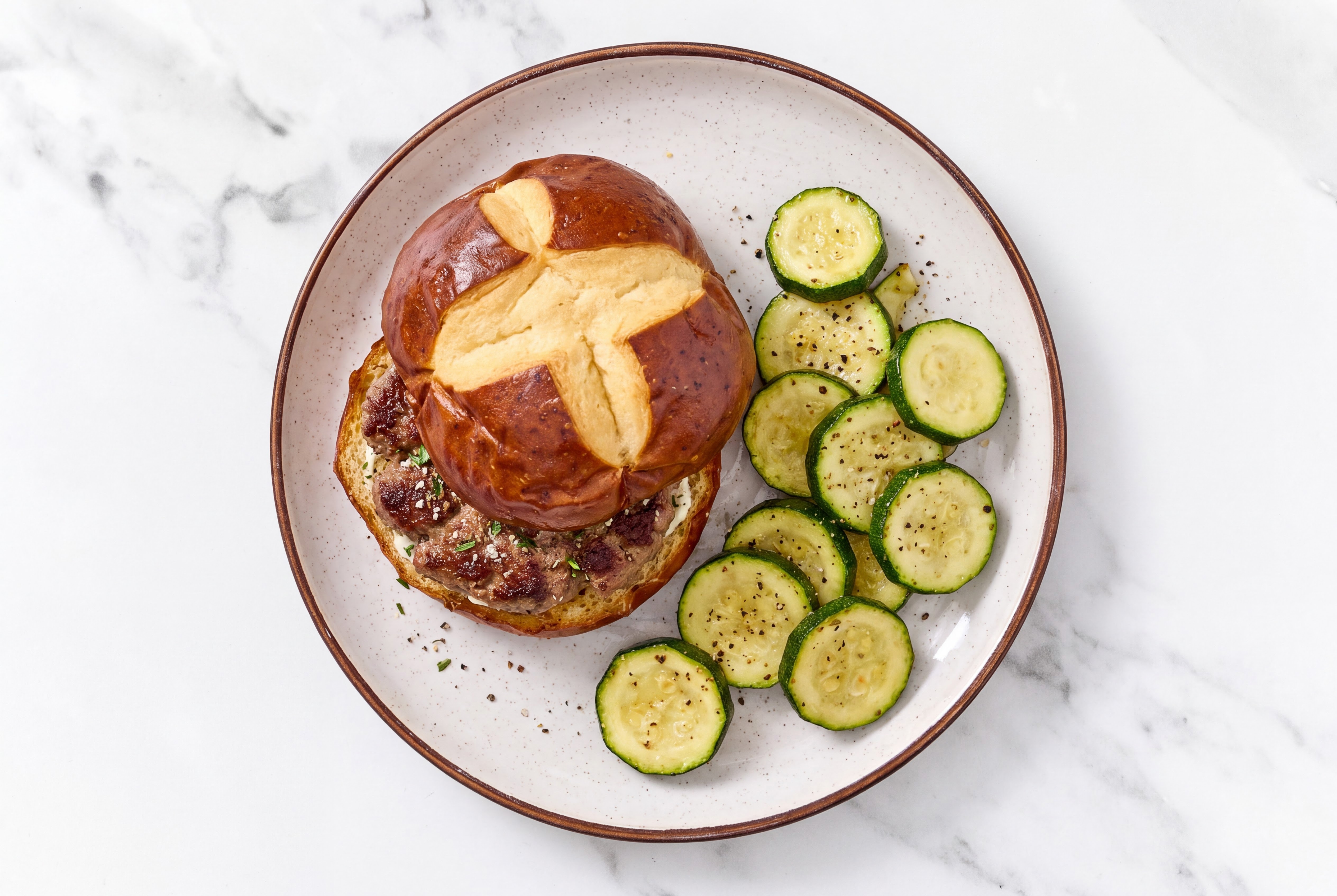 Ranch Burger on Pretzel Bun + Zucchini with Wagyu Beef Patties