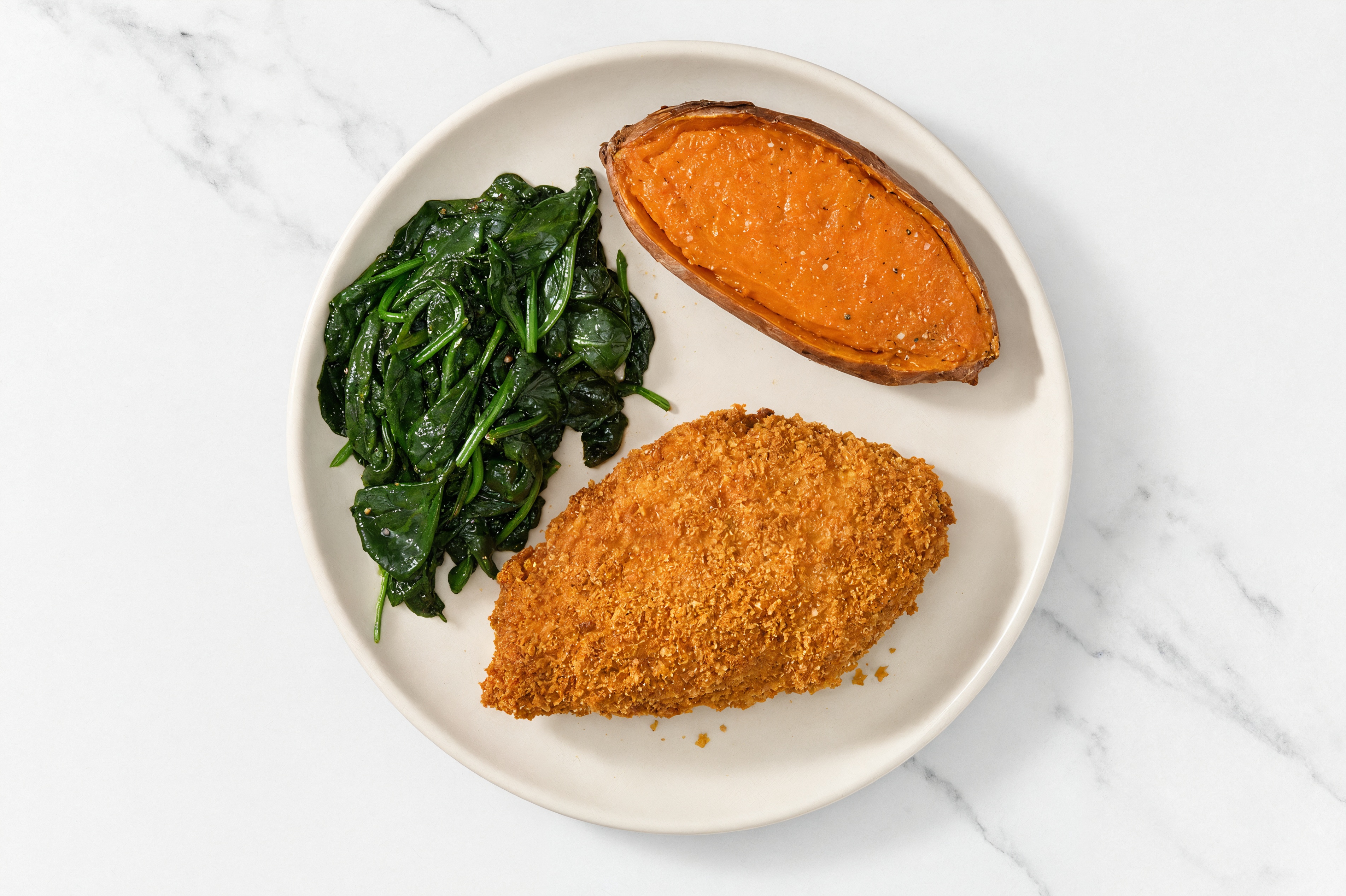 Hot Honey Breaded Chicken Cutlet with Baby Spinach & Sweet Potato