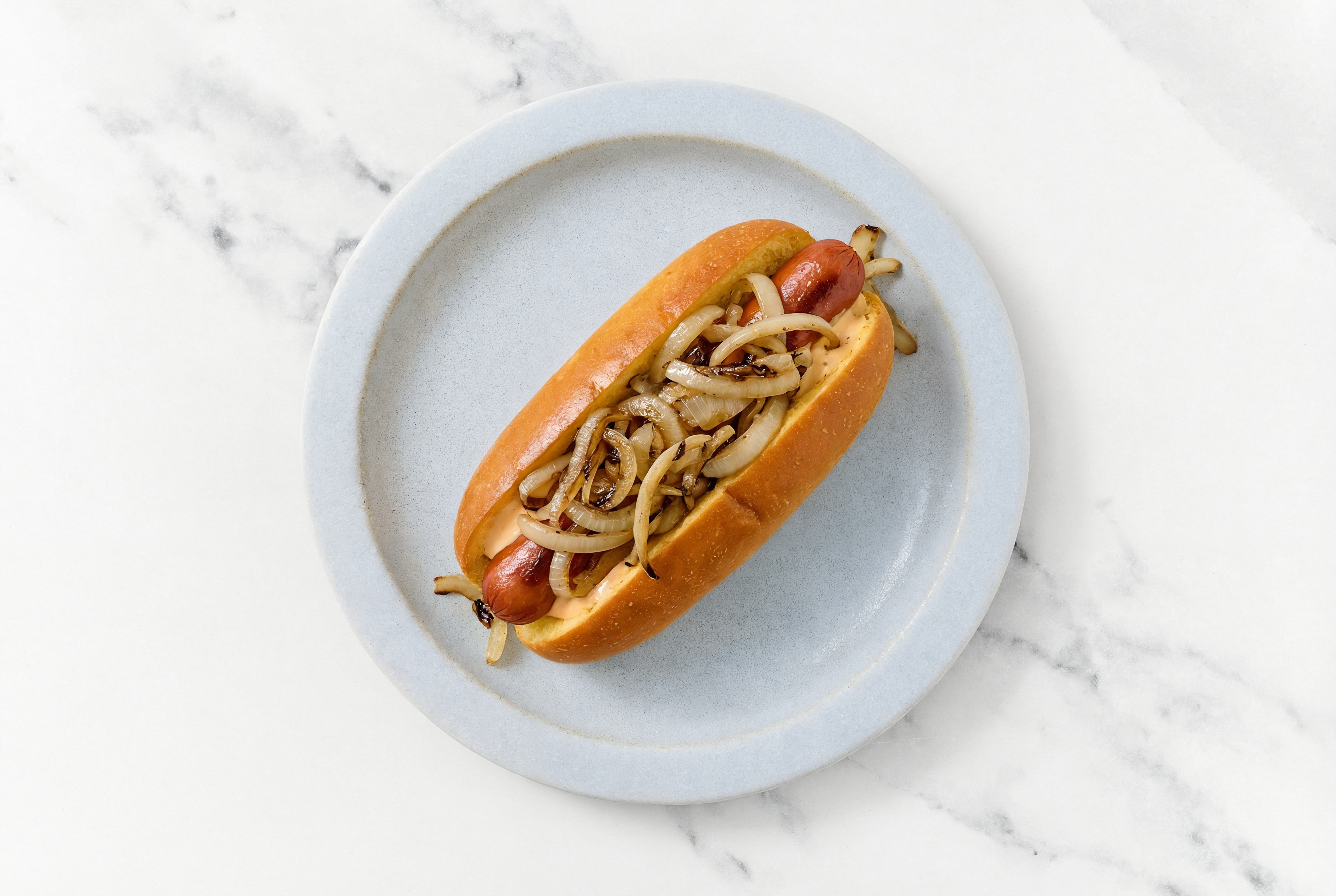 Carmelized Onion Beef Hot Dog with Awesome Sauce on Brioche