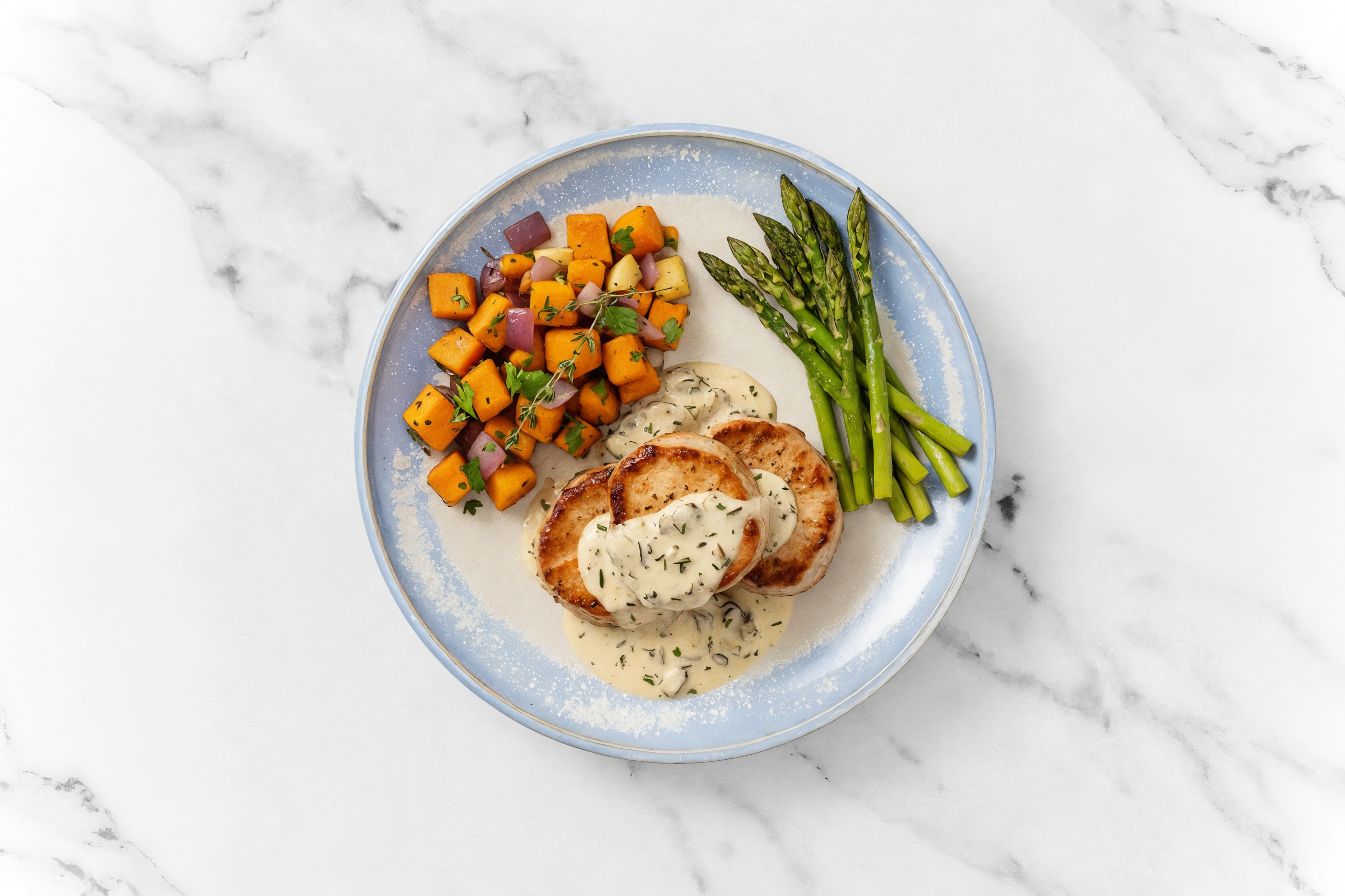 Creamy Truffle Smothered Pork Tenderloin with Asparagus & Roasted Vegetables