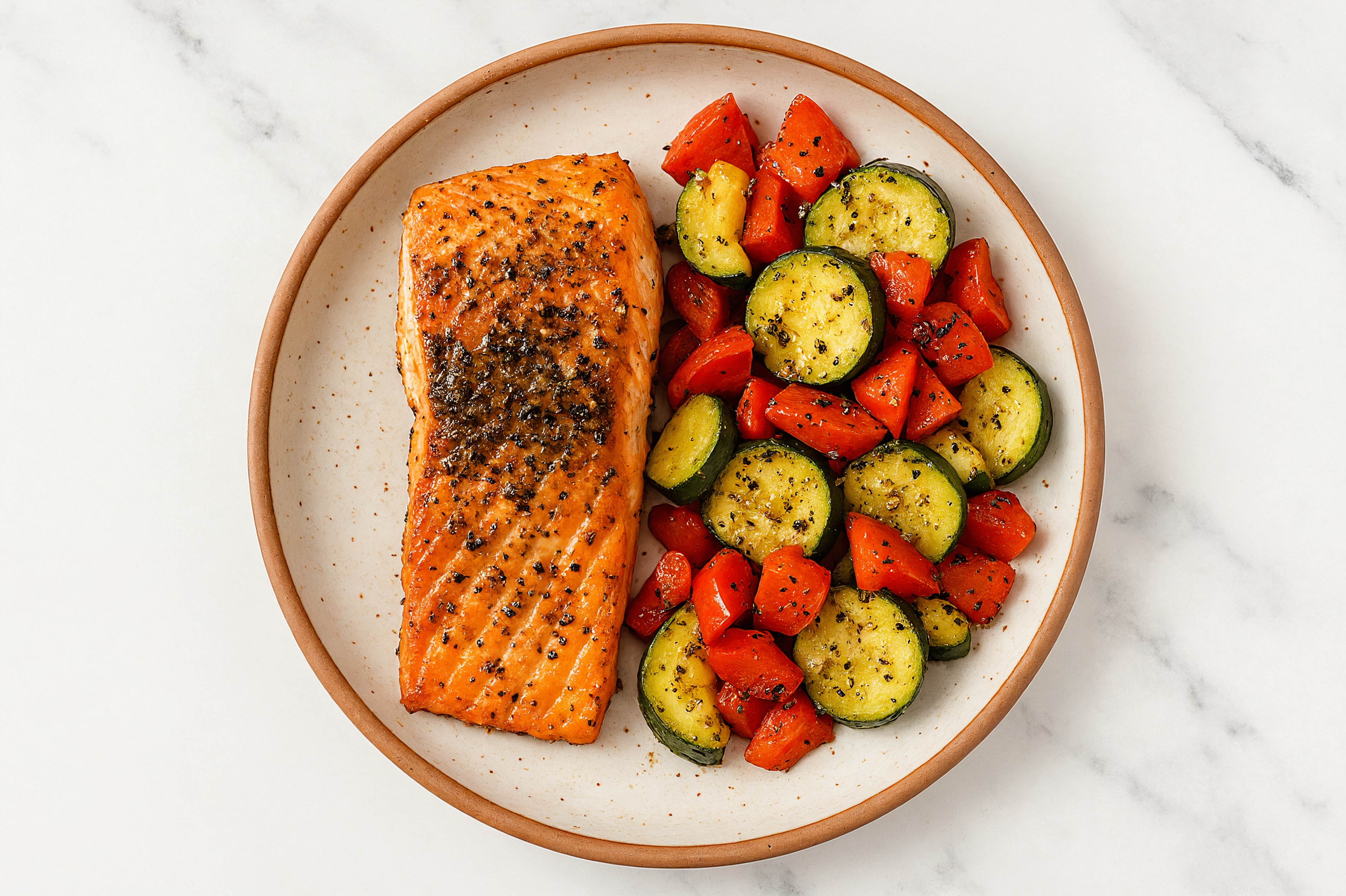Balsamic Sockeye Salmon with Sautéed Organic Peppers + Zucchini