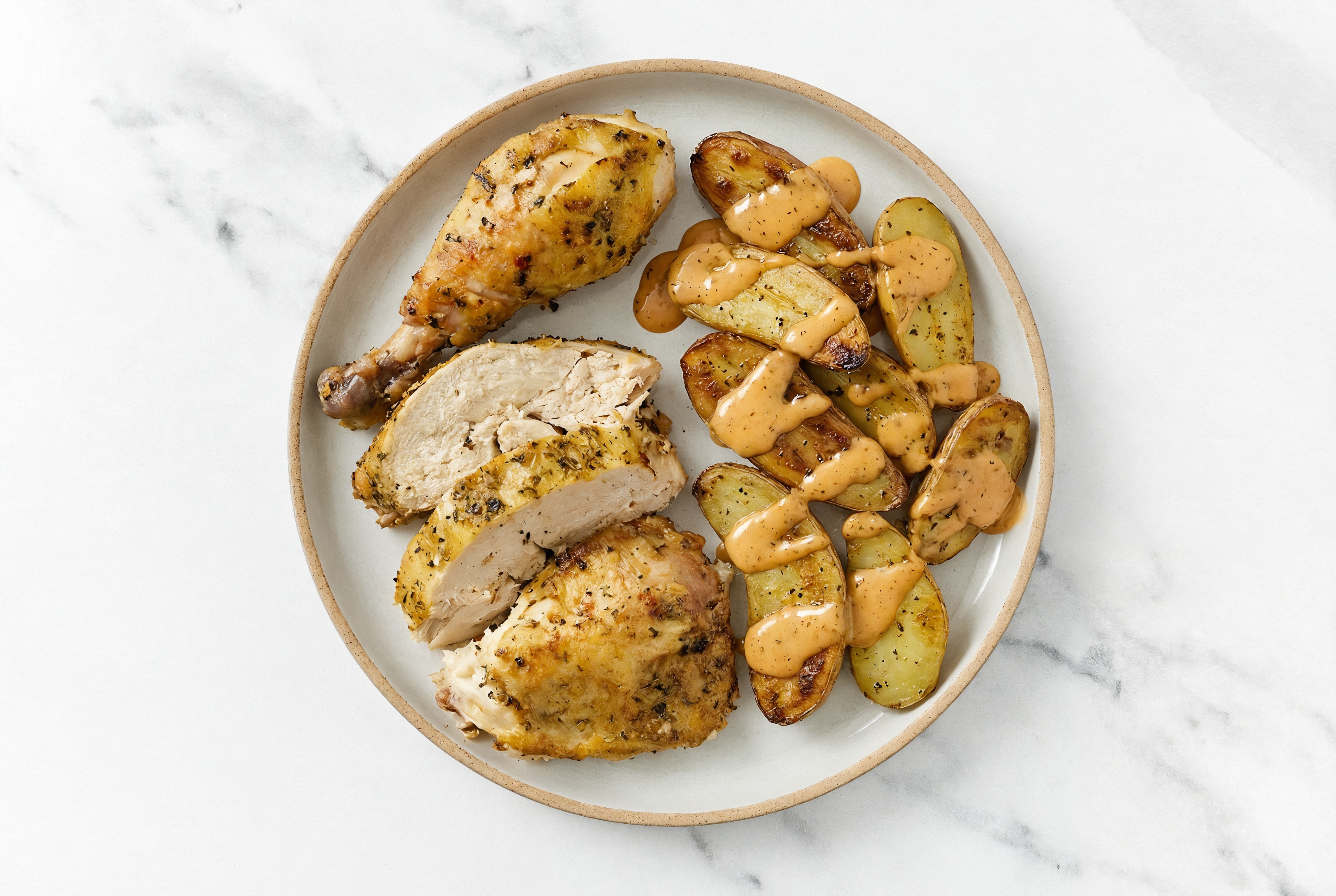 Lemon Chicken + Roasted Potatoes with BBQ Sauce