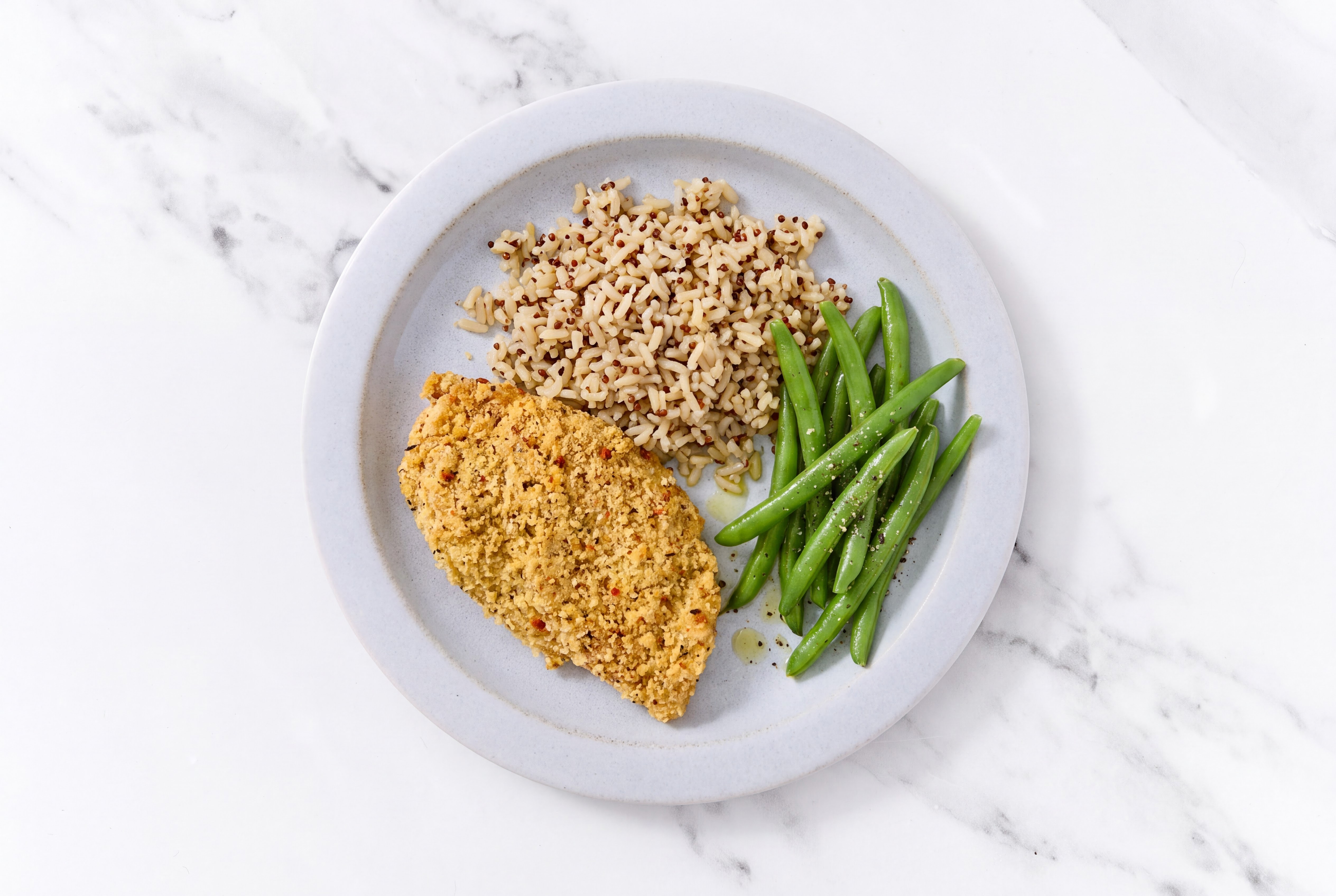 Parmesan Breaded Chicken Cutlet with Organic Green Beans & Brown Rice