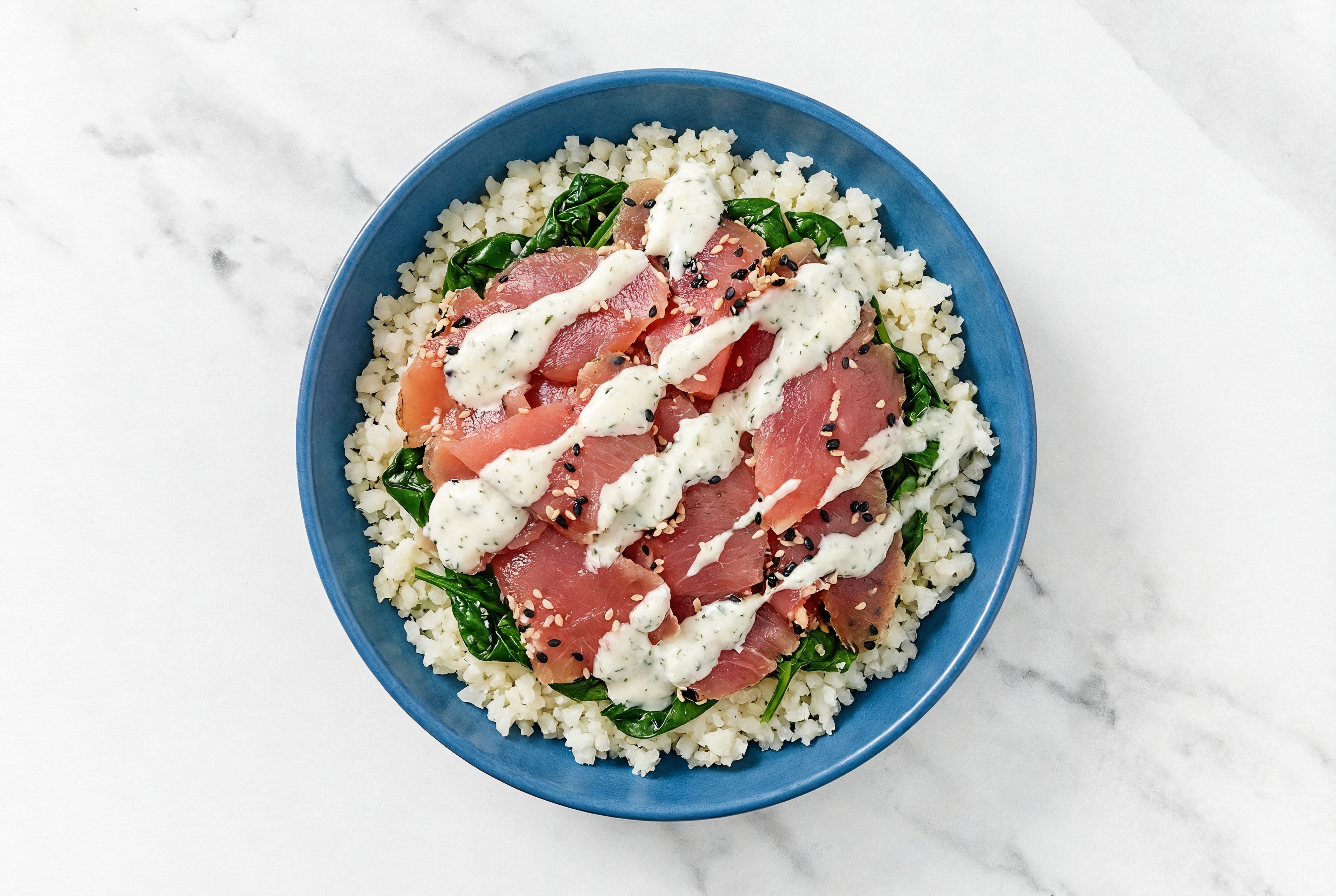 Tuna Cauliflower Rice Bowl with Dairy-Free Tzatziki & Organic Spinach
