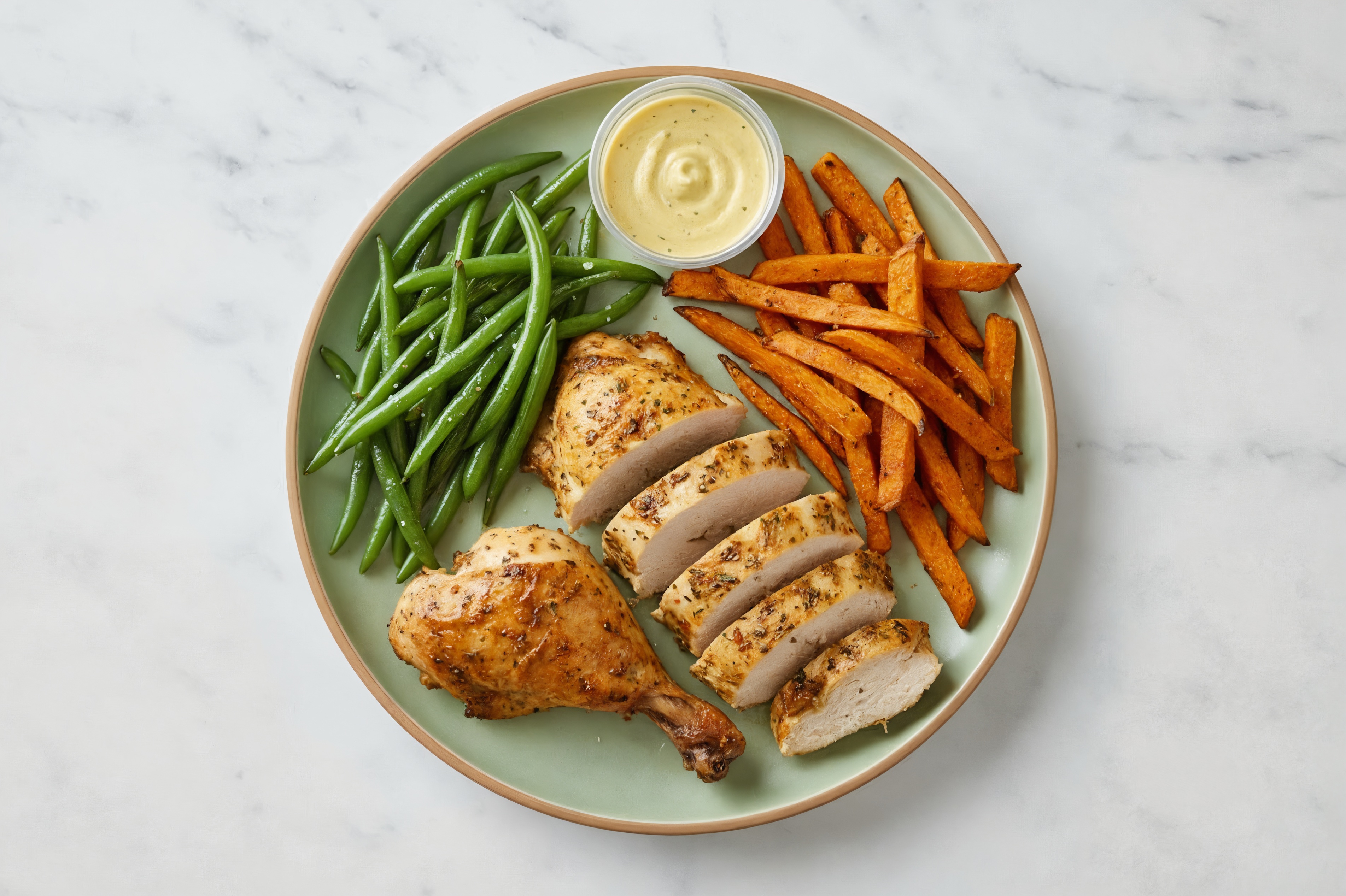 Chicken, Organic Green Beans with Sweet Potato Fries + Honey Mustard Garlic Dipping Sauce