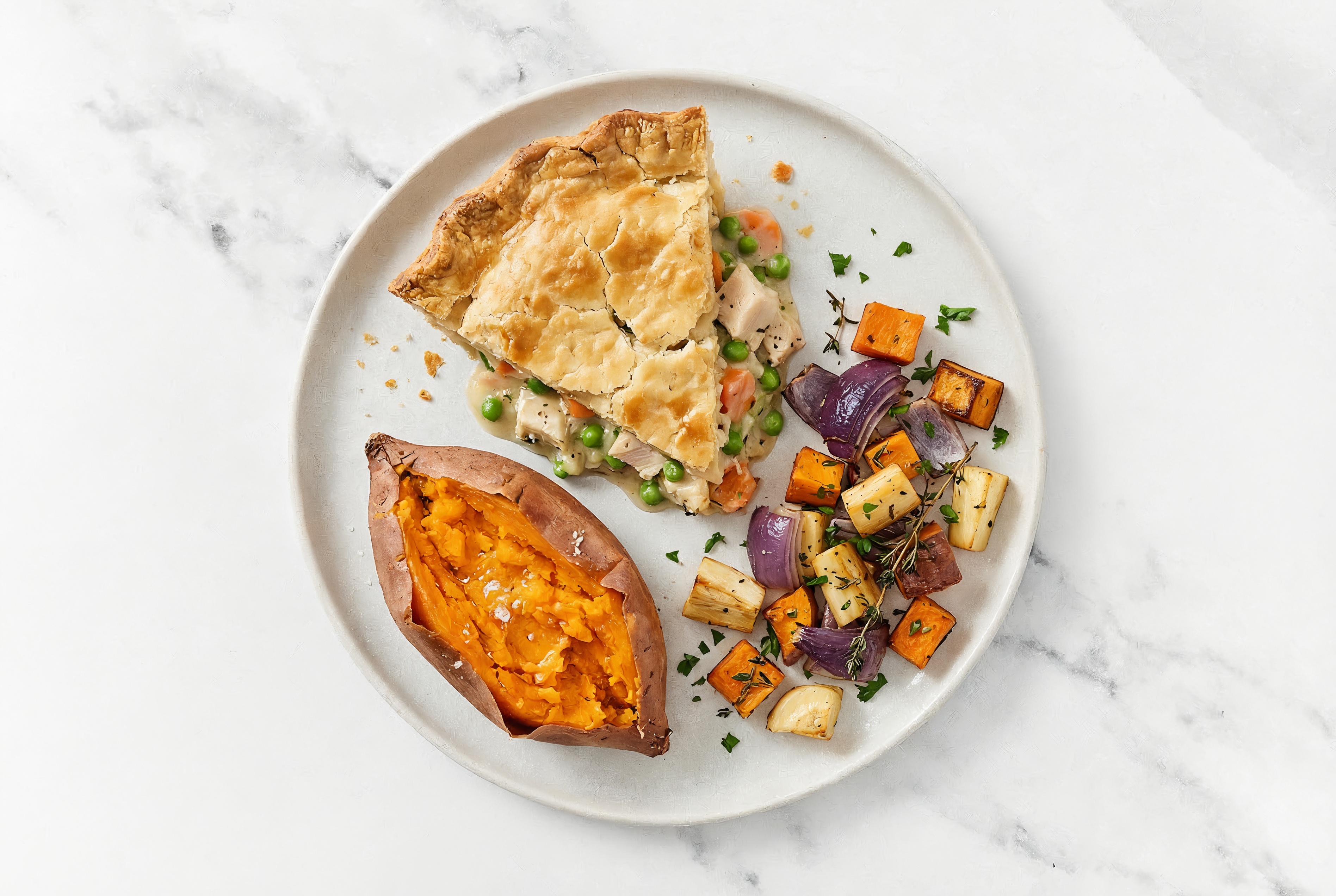 Chicken Pot Pie with Roasting Veggies & Sweet Potato