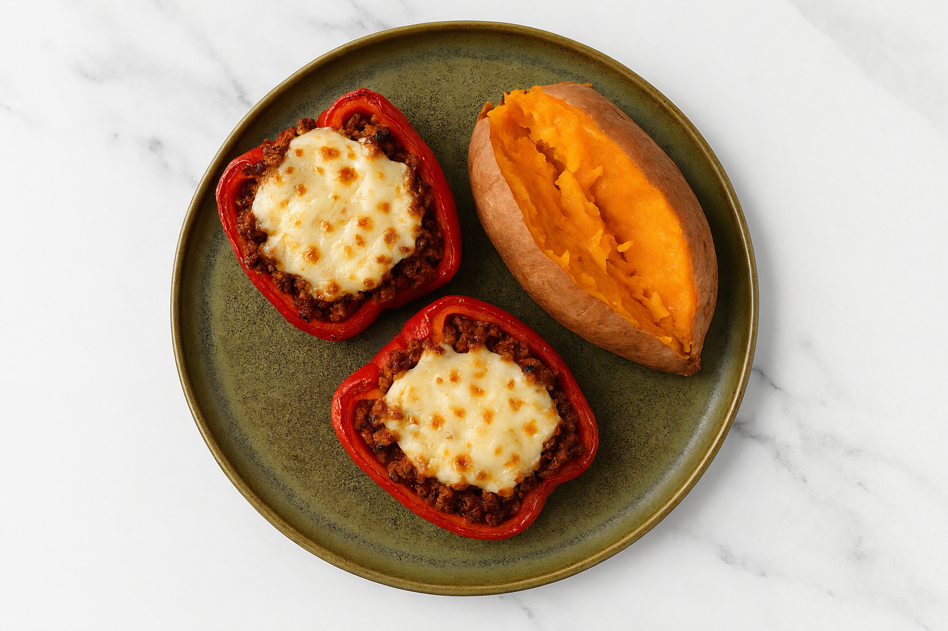 Cheezy "Chorizo" Stuffed Organic Peppers + Sweet Potatoes