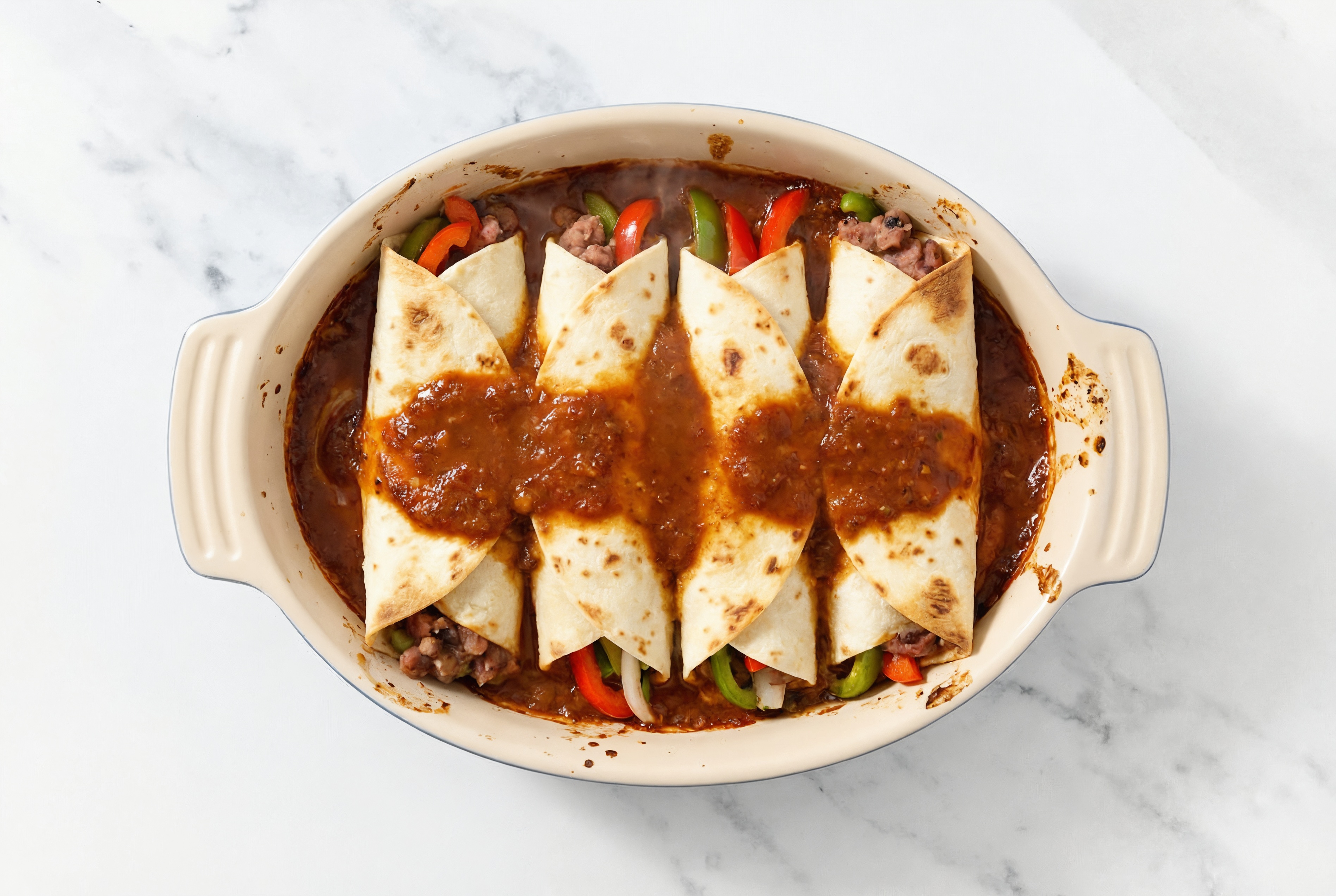 Savory Refried Red Beans Bean + Veggie Enchiladas Rojas