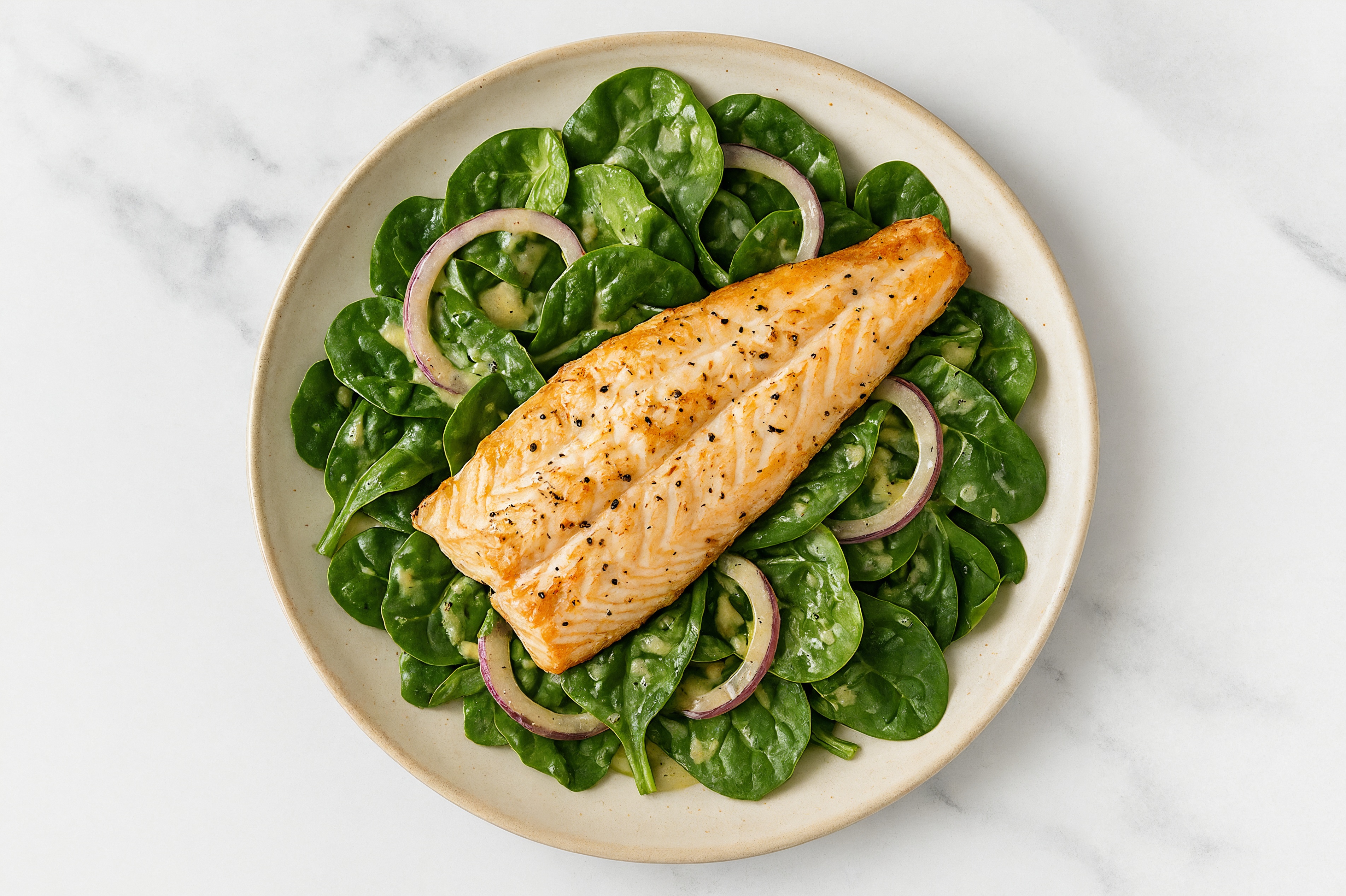 Baby Spinach Salad with Trout, Onion & House Dressing