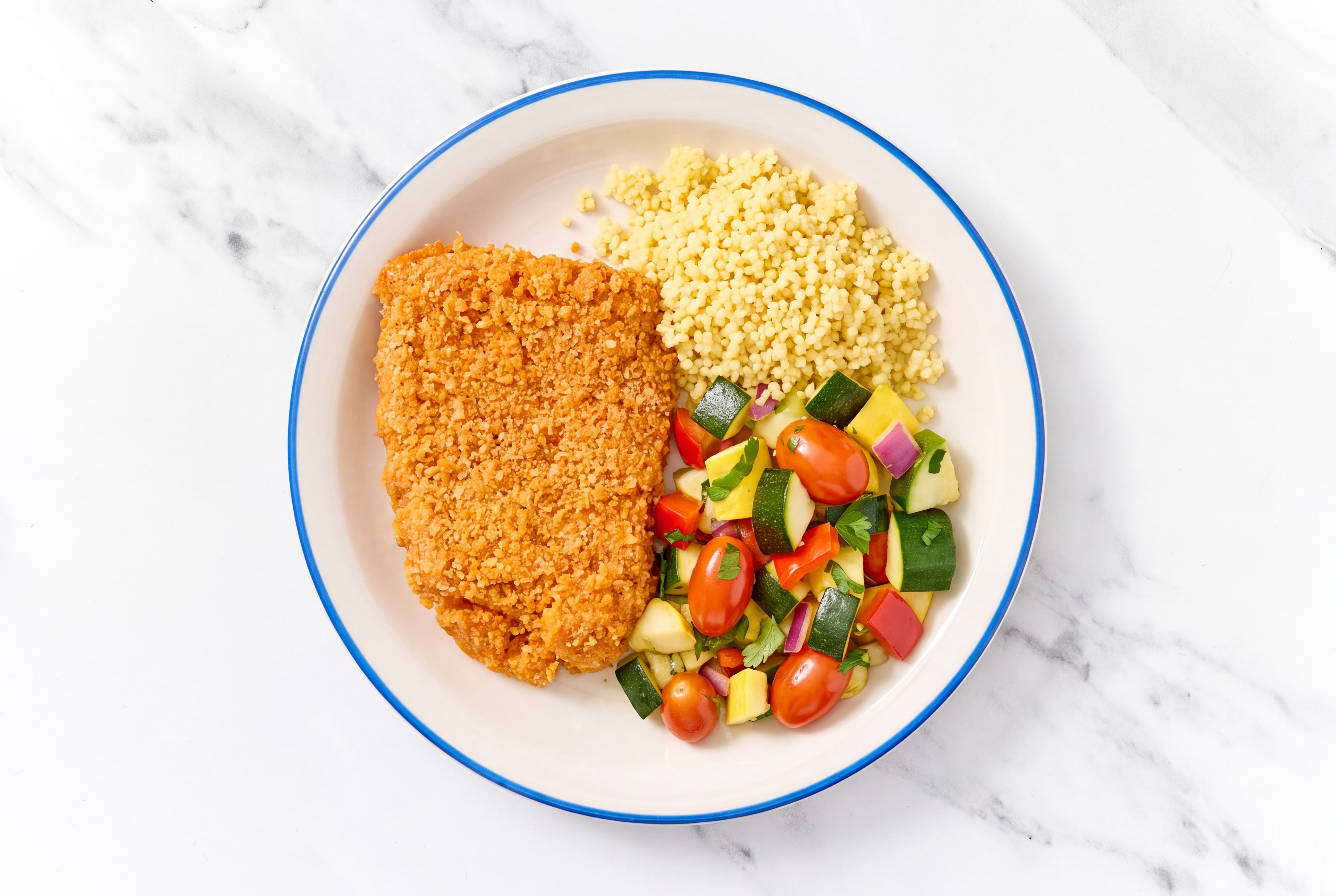 Hot Honey Breaded Chicken Cutlet with Squash Skillet & Couscous