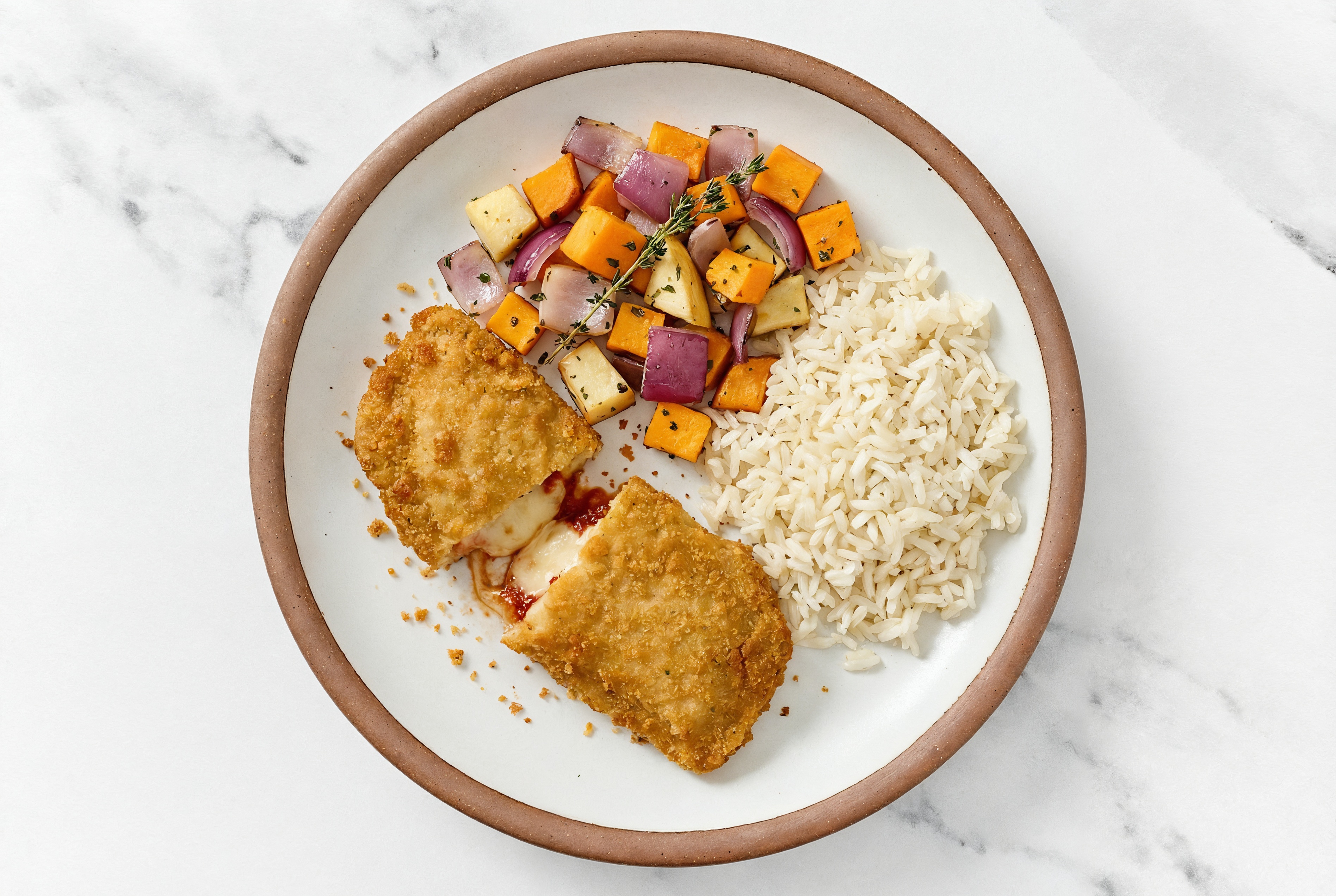 "Chicken" Parm with Roasting Veggies & White Rice