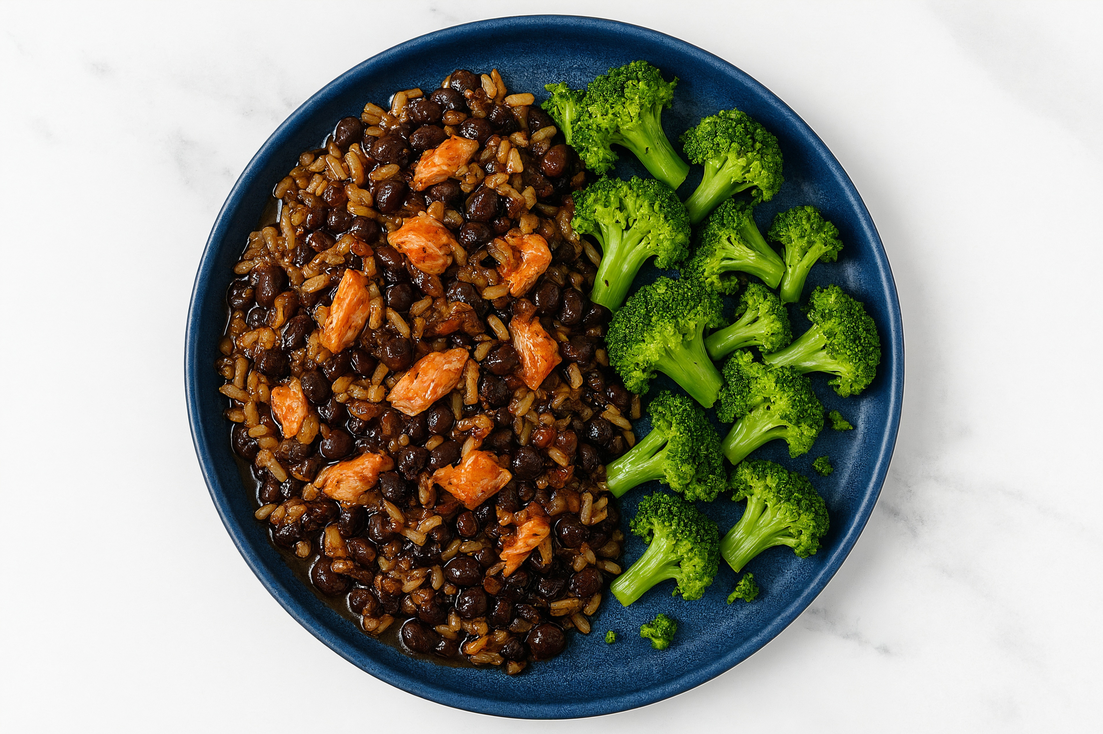 Salmon & Black Bean Stew with Broccoli Florets & Quinoa Rice